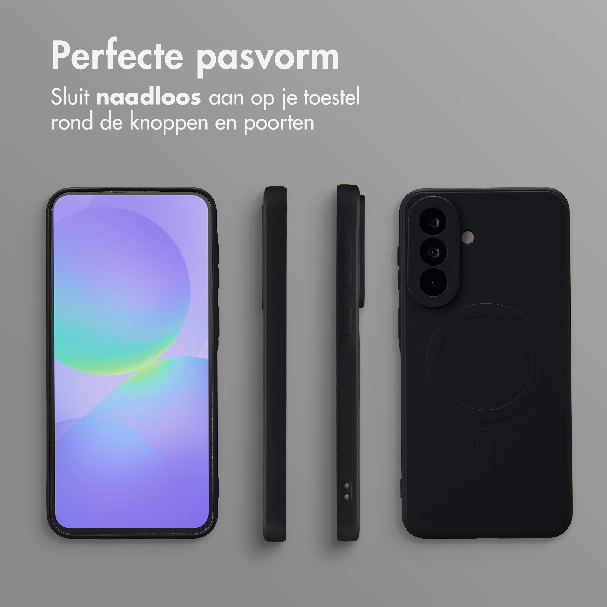 Smartphone noir avec étui, vues avant, latérale et arrière.