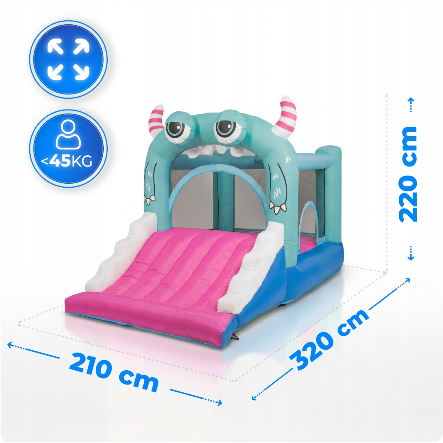 Ein aufblasbarer Spielplatz mit einem Monsterdesign, Rutsche und Maßen.
