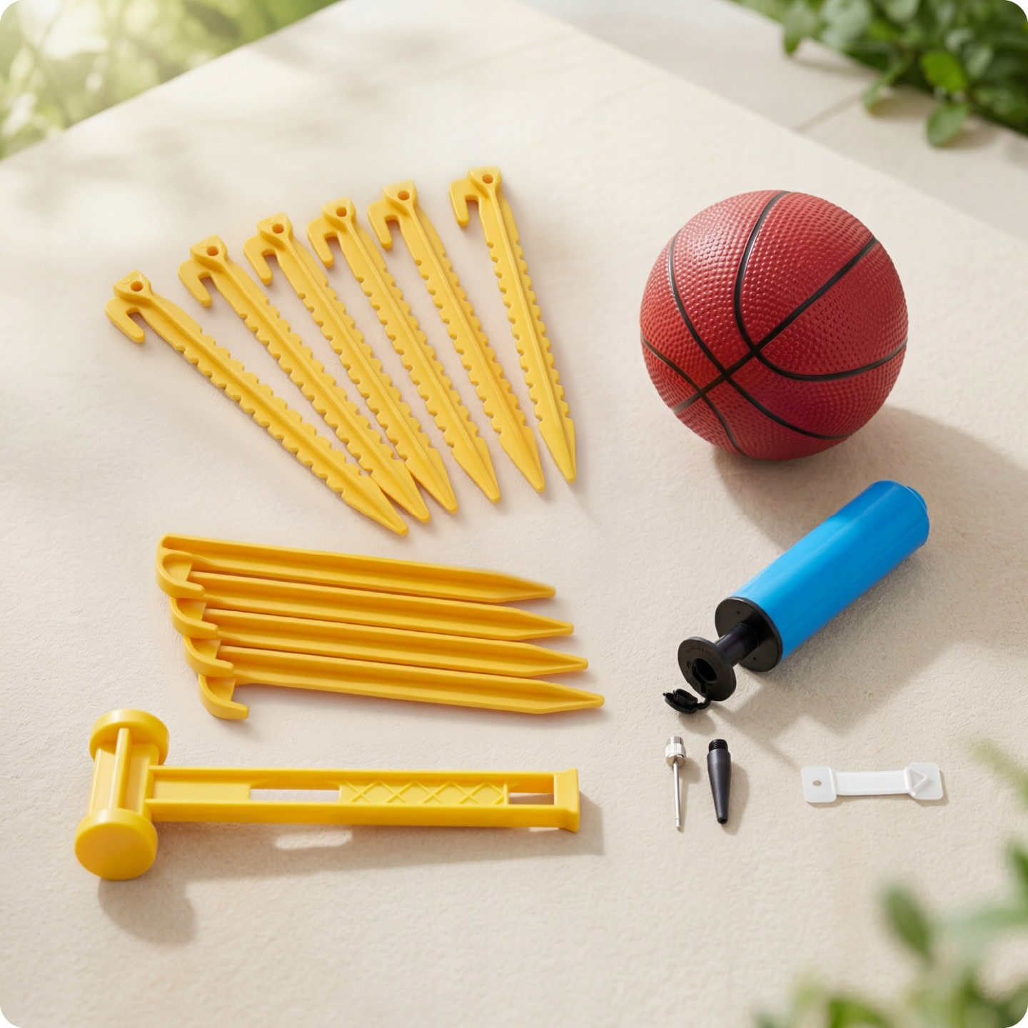Gelbe Heringe, ein roter Basketball und eine blaue Pumpe mit Zubehör auf heller Oberfläche.