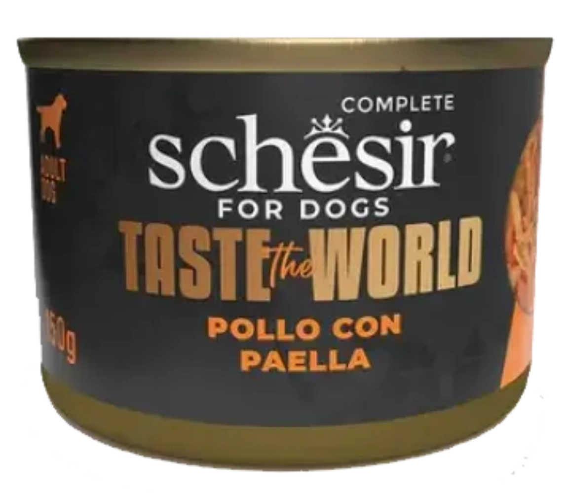 Una lata de comida para perros Schesir, pollo con paella.