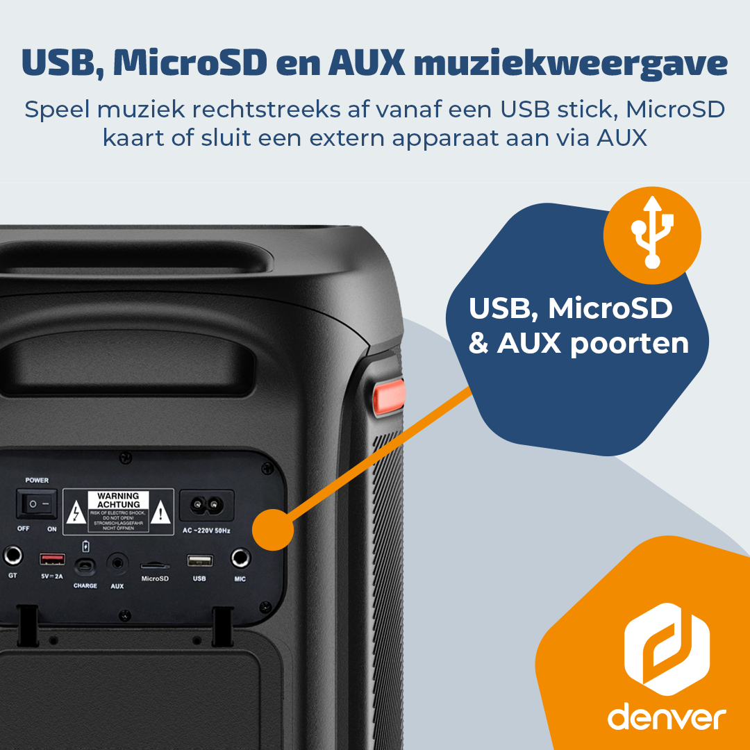 Achterkant van een zwarte luidspreker met USB-, MicroSD- en AUX-poorten.