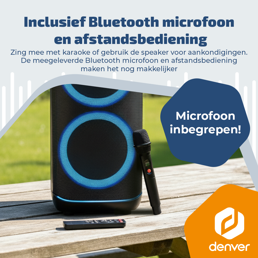 Een zwarte Bluetooth speaker met blauwe ringen en microfoon staat op tafel.
