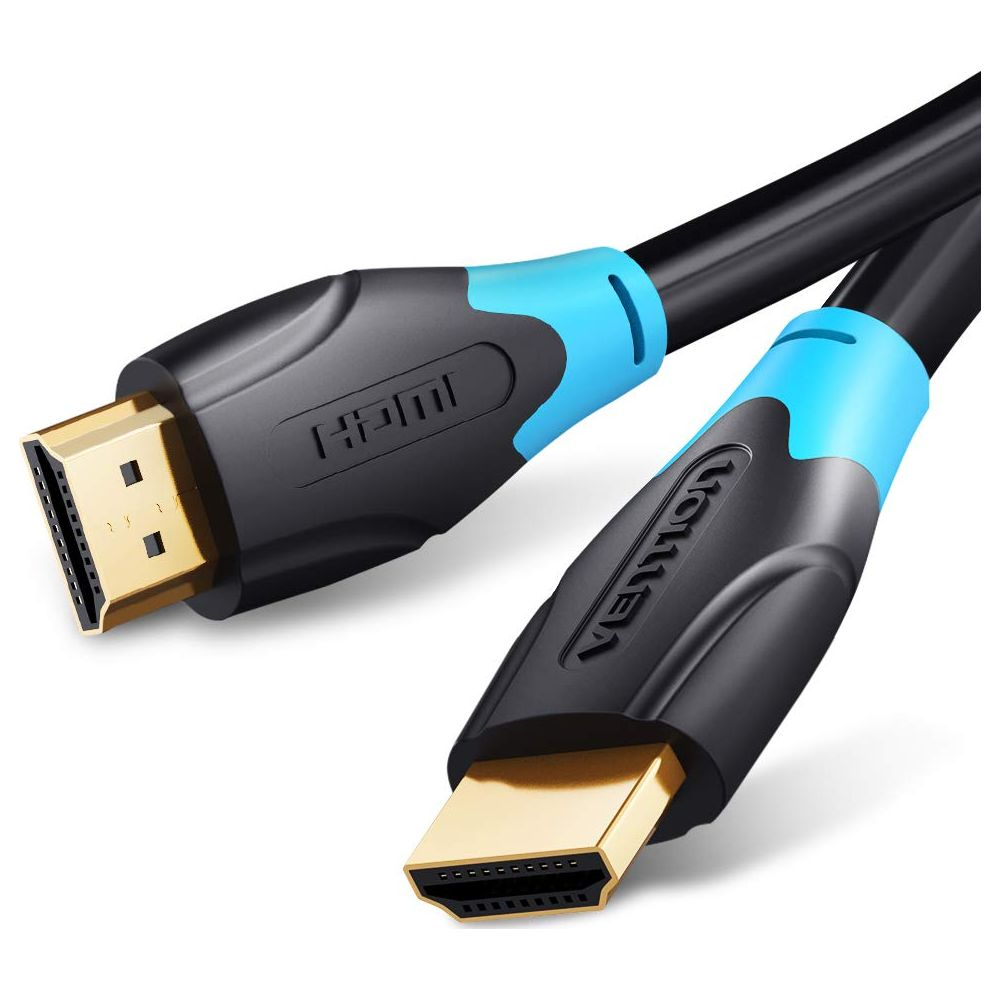 Due cavi HDMI neri con connettori placcati oro e accenti blu.