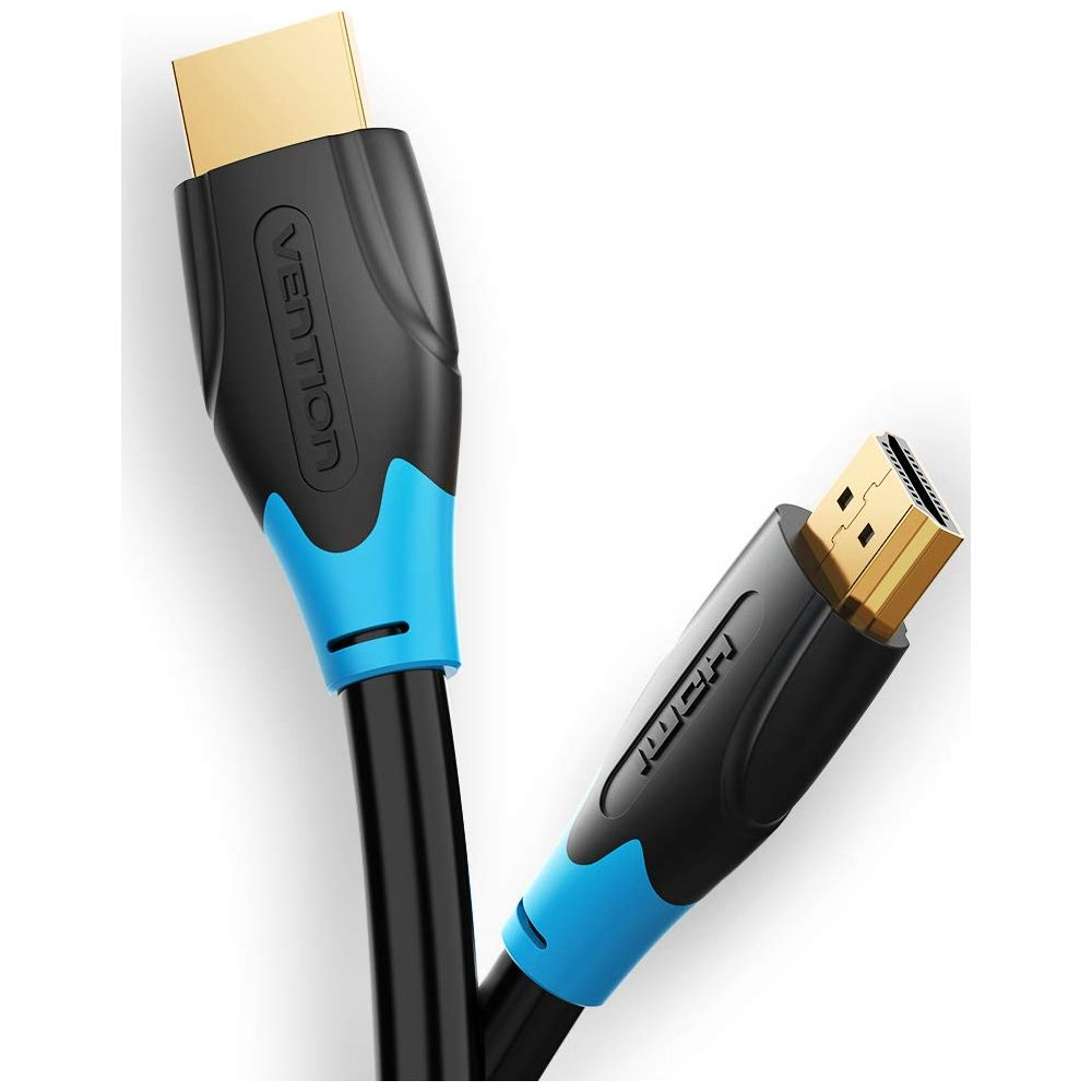 Un cavo HDMI nero con accenti blu e connettori dorati.