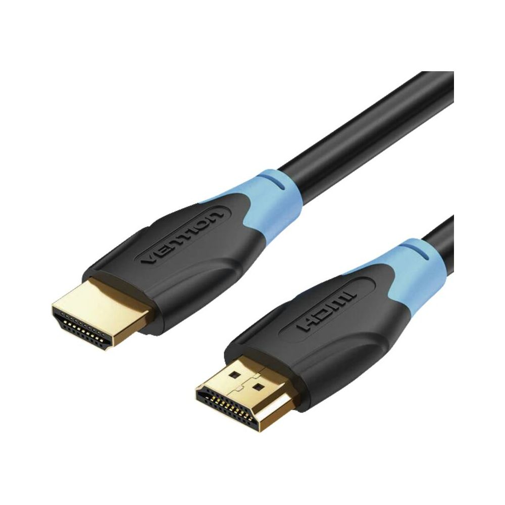 Due cavi HDMI con connettori neri, blu e dorati su sfondo bianco.