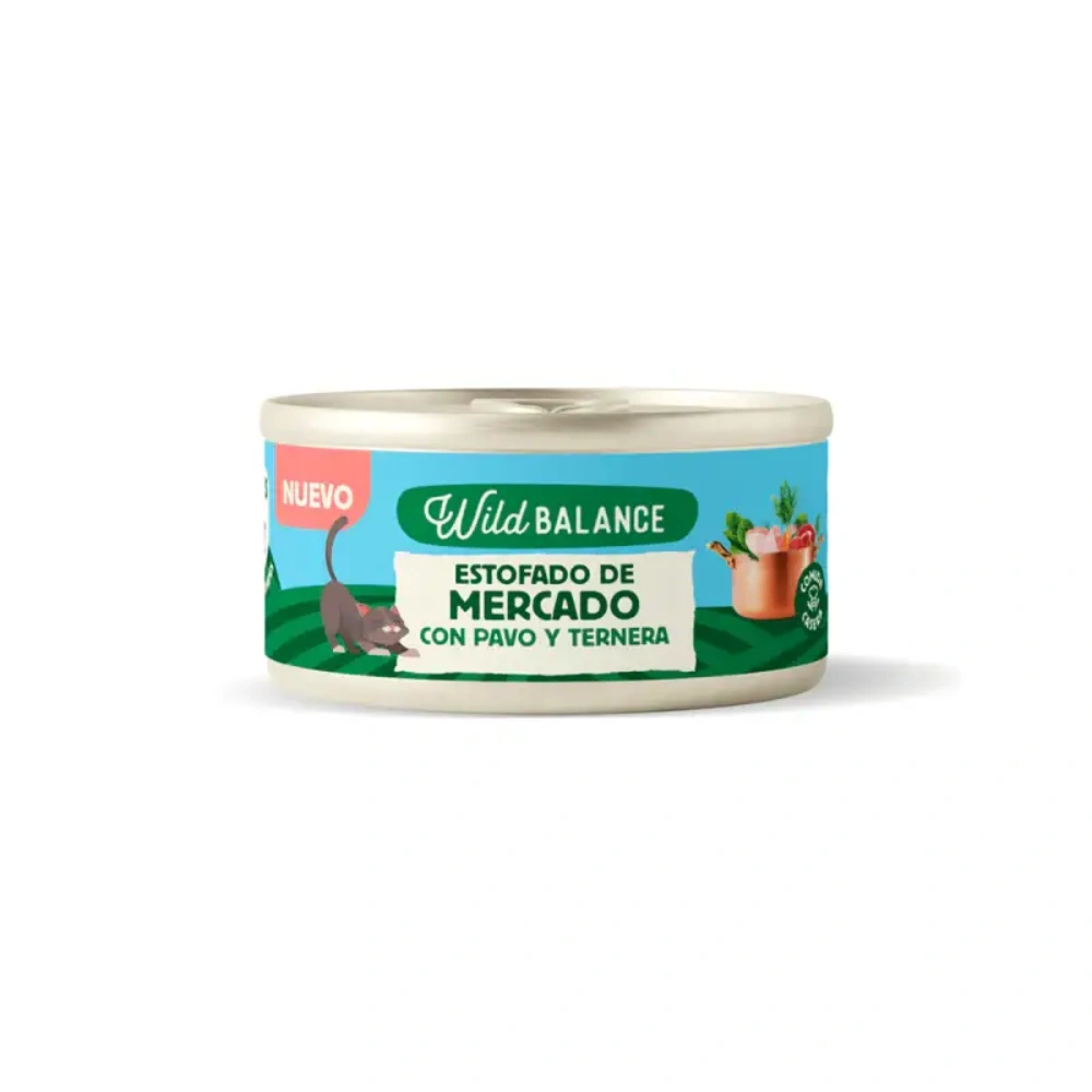 Lata de comida para gatos Wild Balance con pavo y ternera, ilustración de gato y olla.