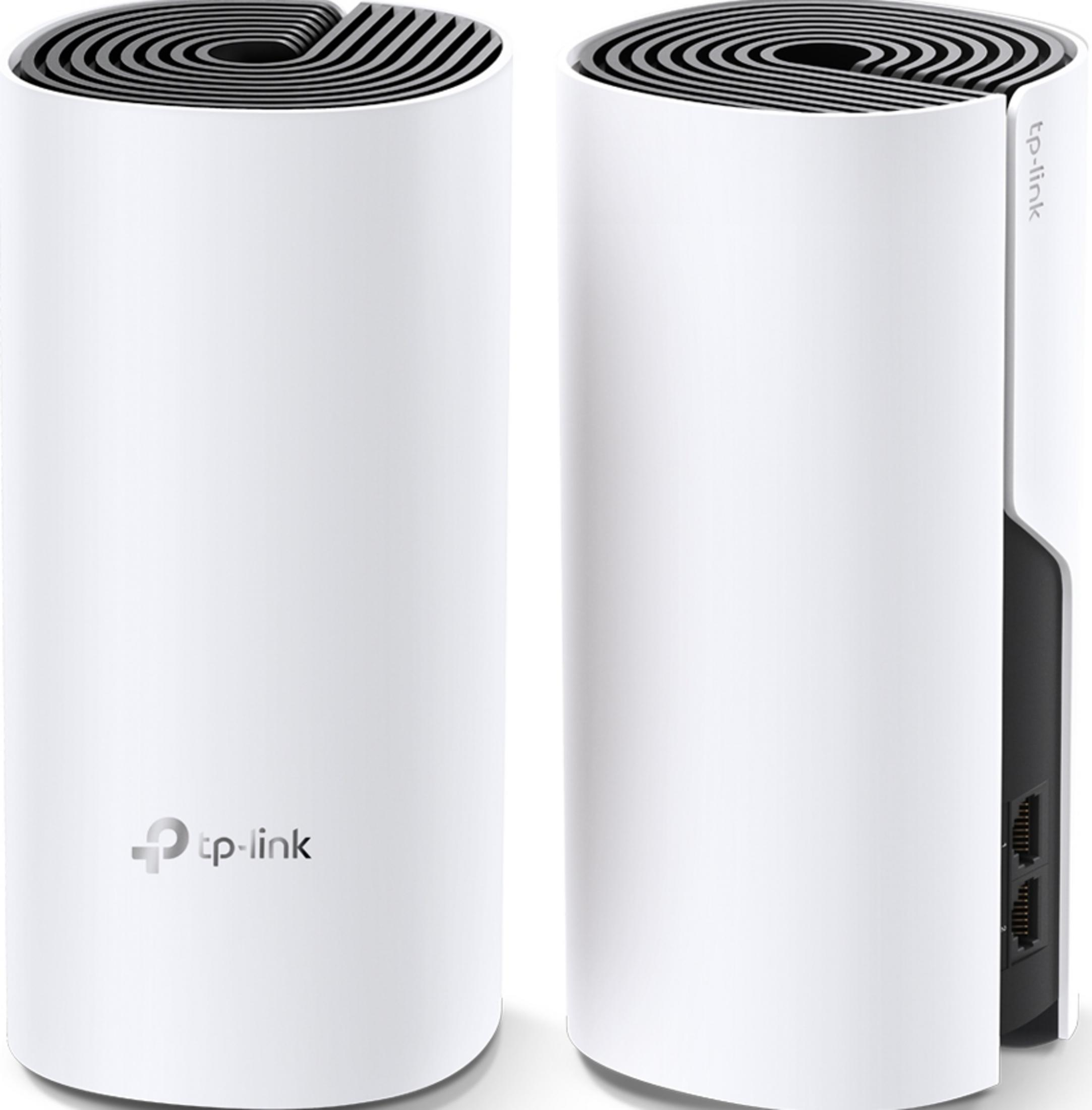 Zwei weiße TP-Link-Router nebeneinander mit Lüftungsschlitzen oben und Anschlüssen an der Seite.