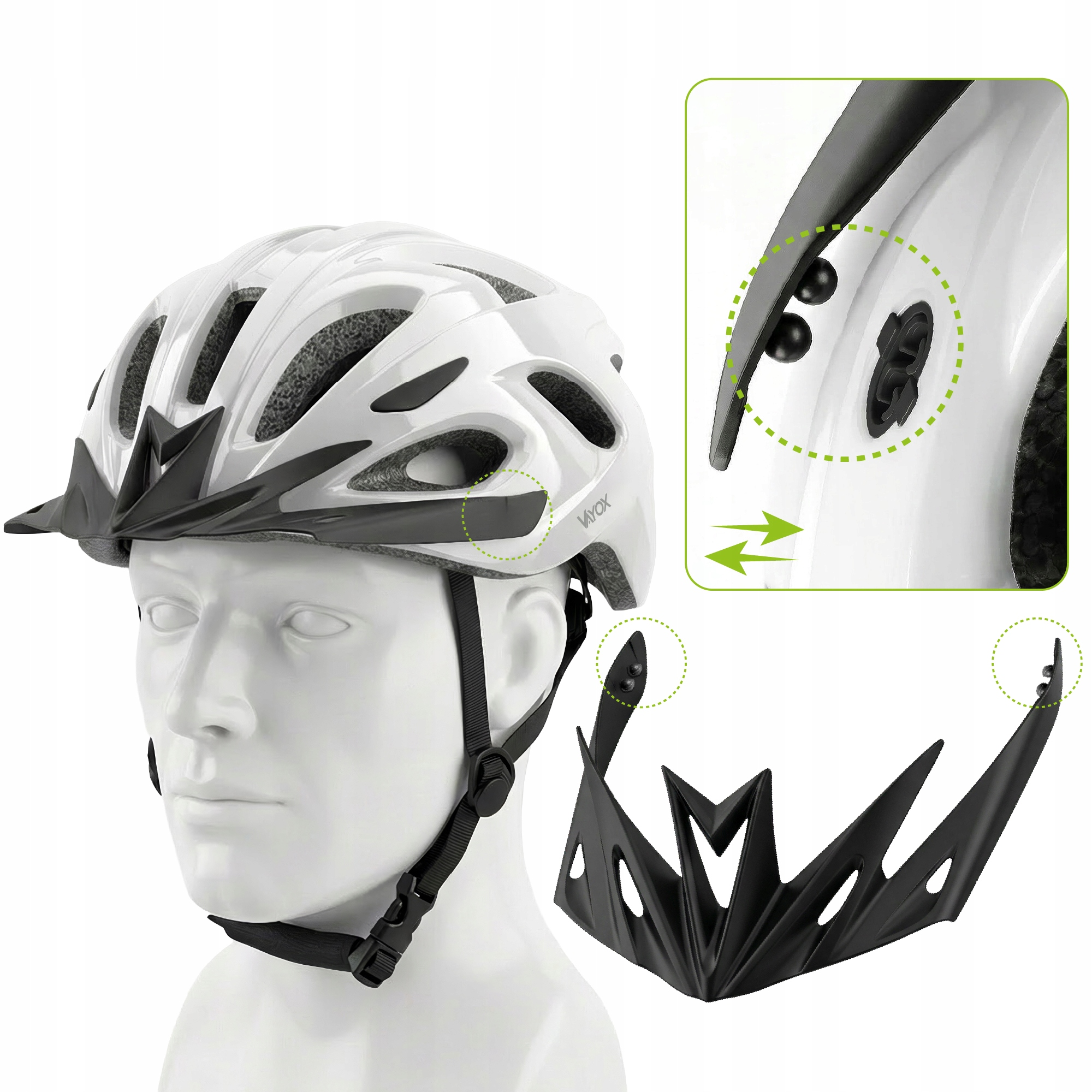 Biały kask rowerowy na popiersiu, z czarnym daszkiem i detalami.