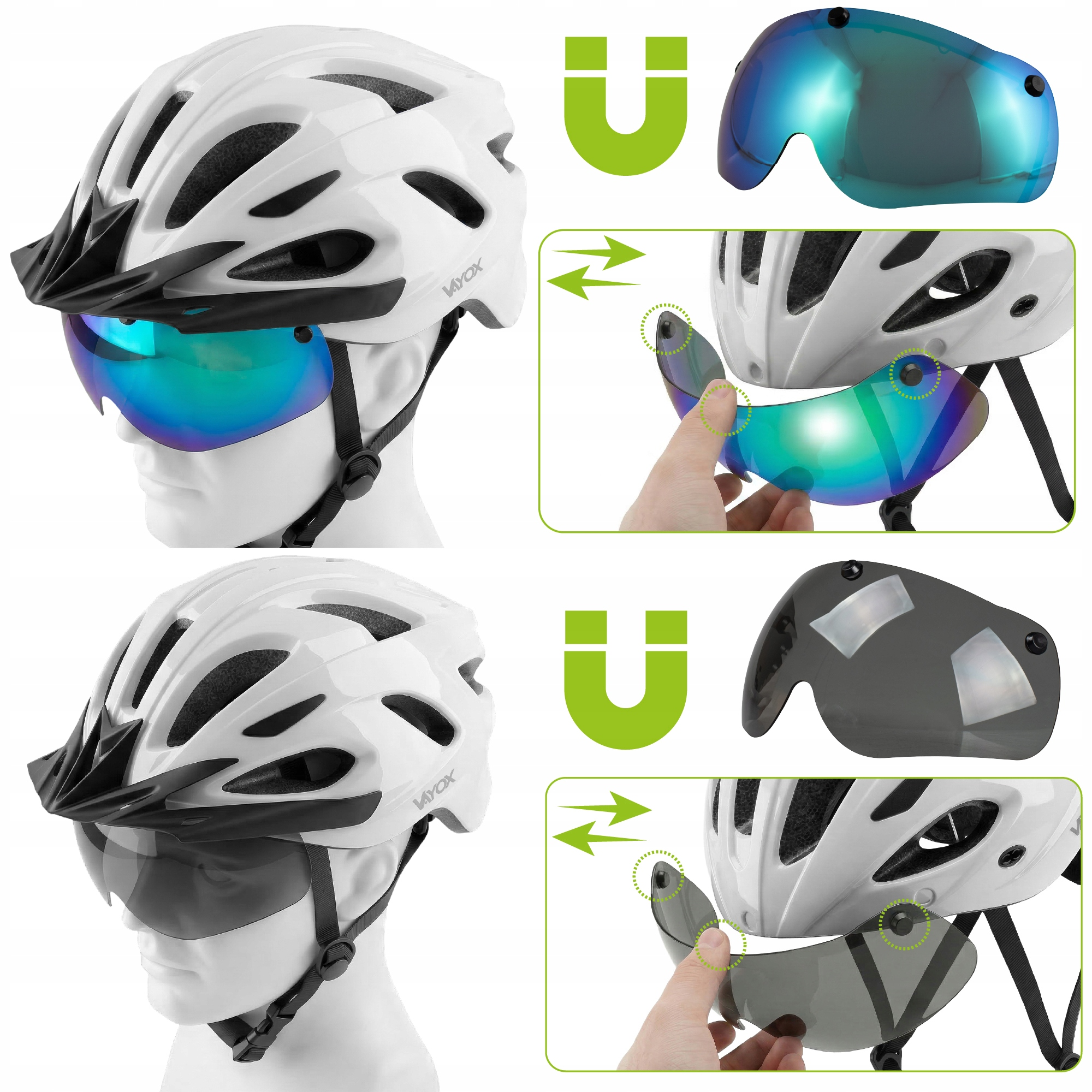 Biały kask rowerowy z niebieskimi i szarymi wizjerami magnetycznymi.