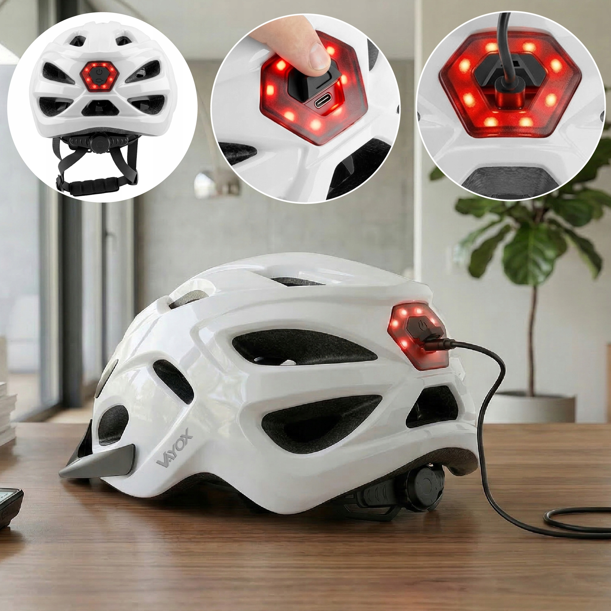 Biały kask rowerowy z tylnym światłem ładowanym przez USB.