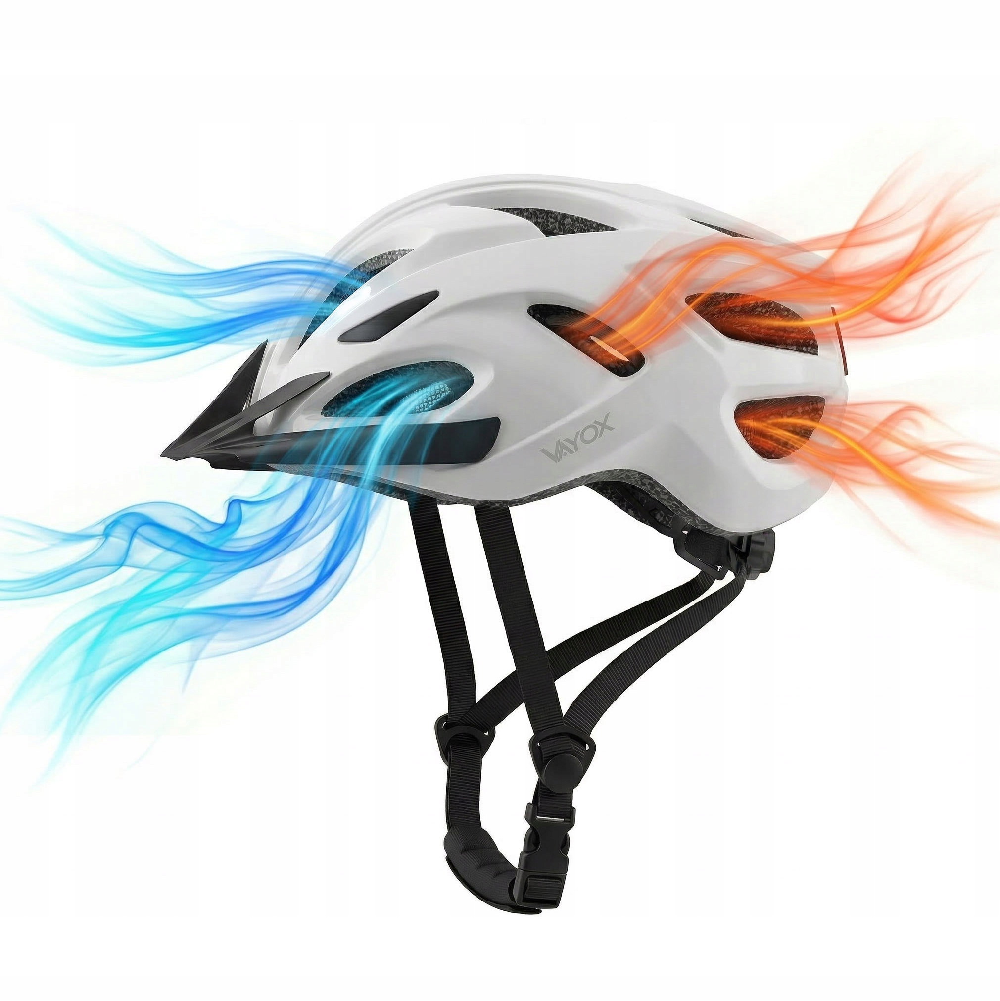 Biały kask rowerowy z niebieskim i czerwonym przepływem powietrza wskazującym wentylację.