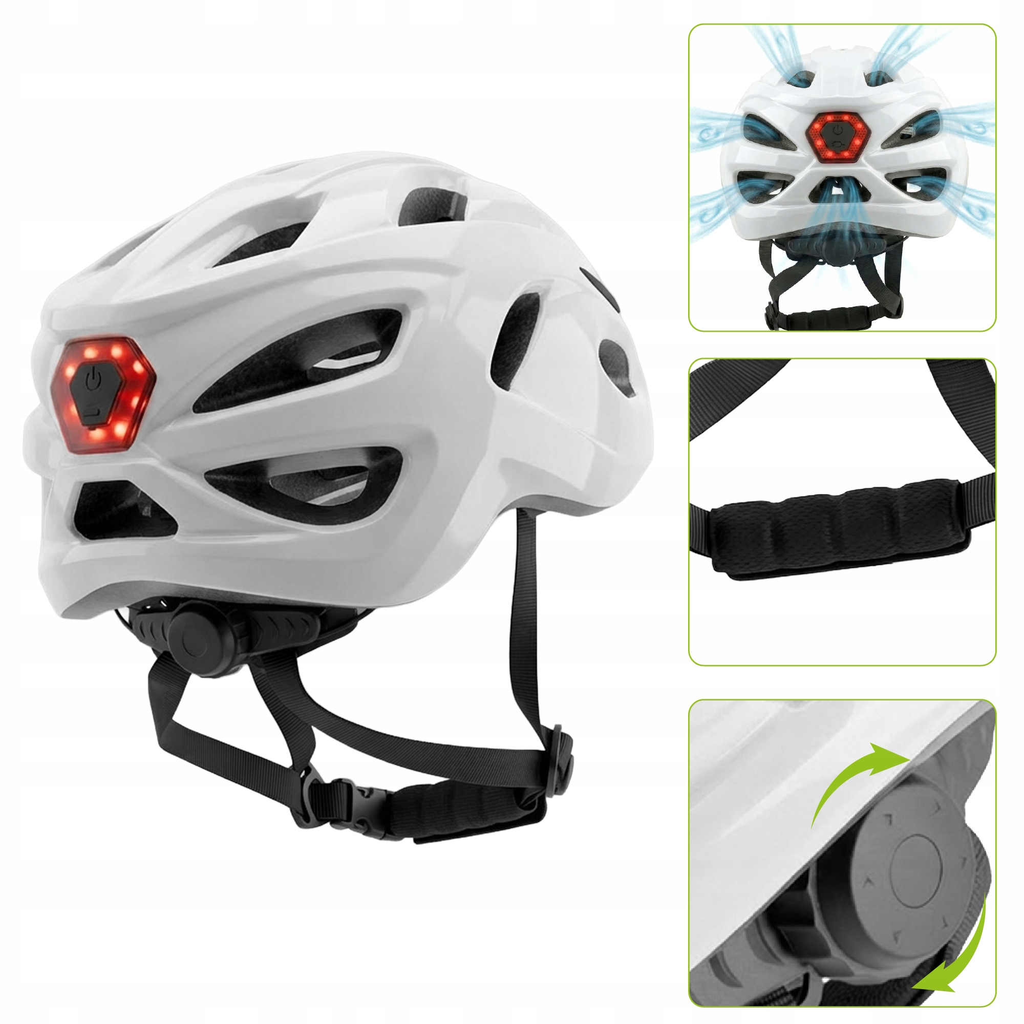 Biały kask rowerowy z czerwonym tylnym światłem i otworami.