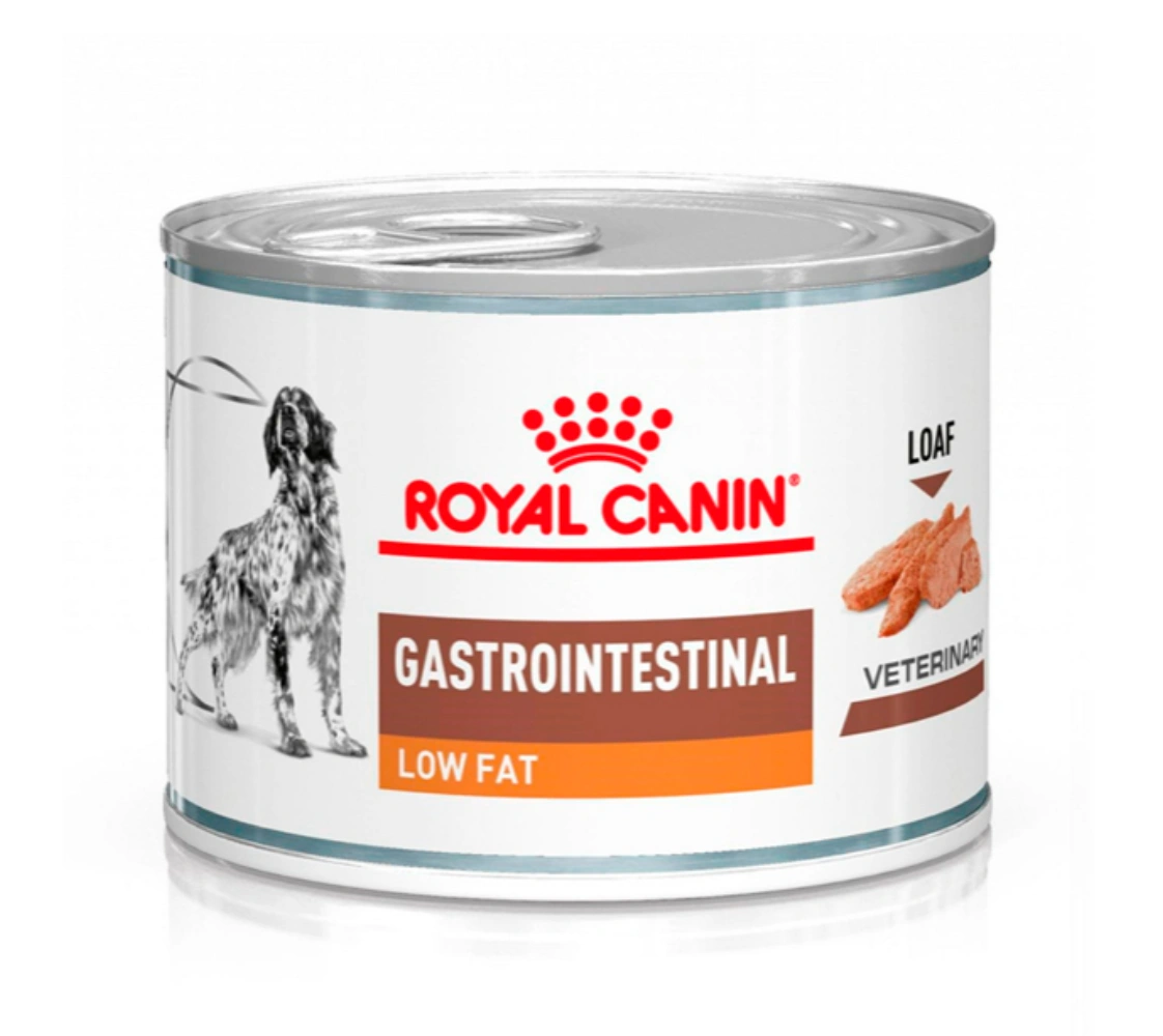Lata de comida para perros: Royal Canin Gastrointestinal Low Fat, con imagen de perro.