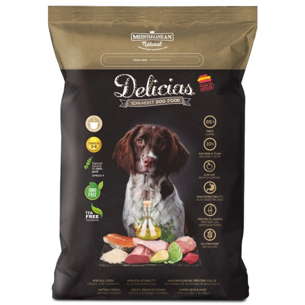 Bolsa de comida para perros con perro, salmón, carne y verduras. Mediterranean Natural Delicias.