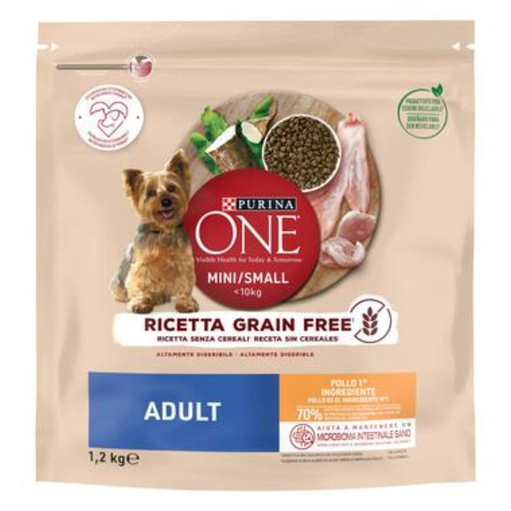 Bolsa de comida para perros con un perro pequeño, pollo y croquetas.