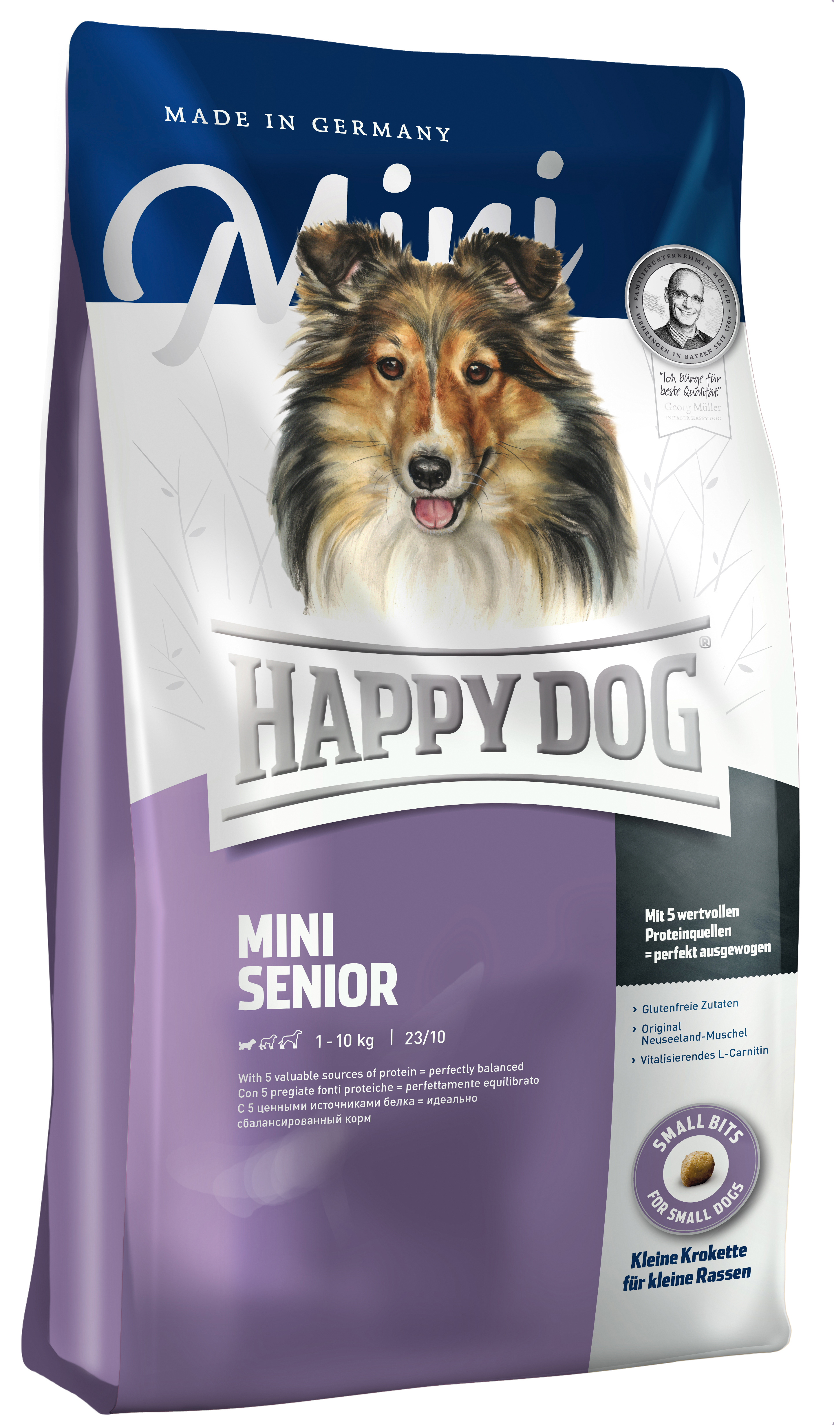 Bolsa de comida para perros con retrato de Sheltie y texto 'Happy Dog Mini Senior'.