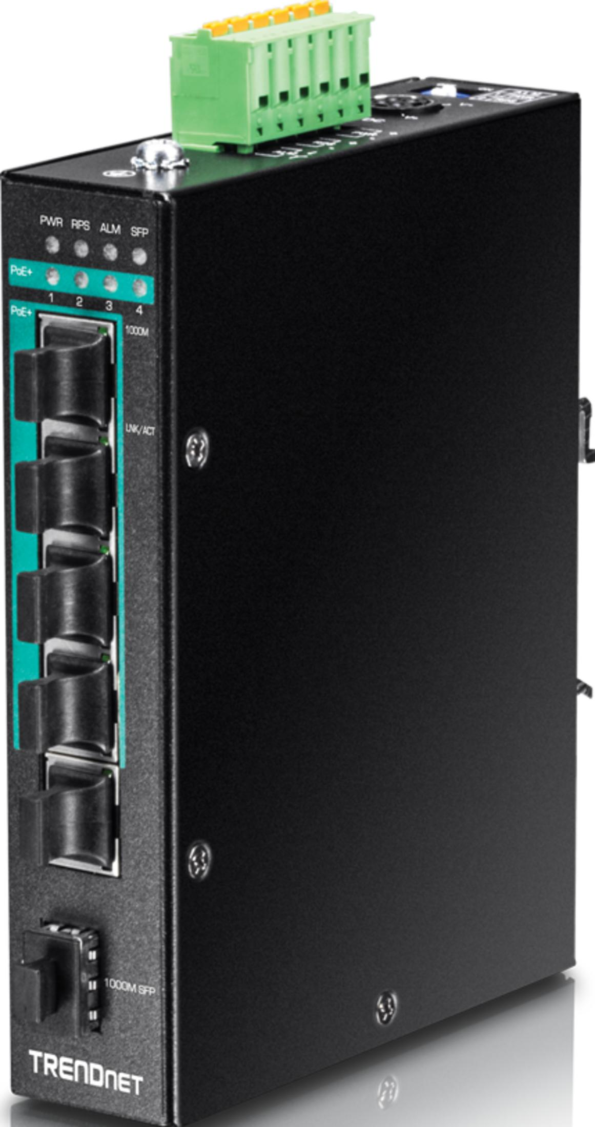 Schwarzes Netzwerkgerät mit Po+ Anschlüssen, Status-LEDs und grüner Klemme.