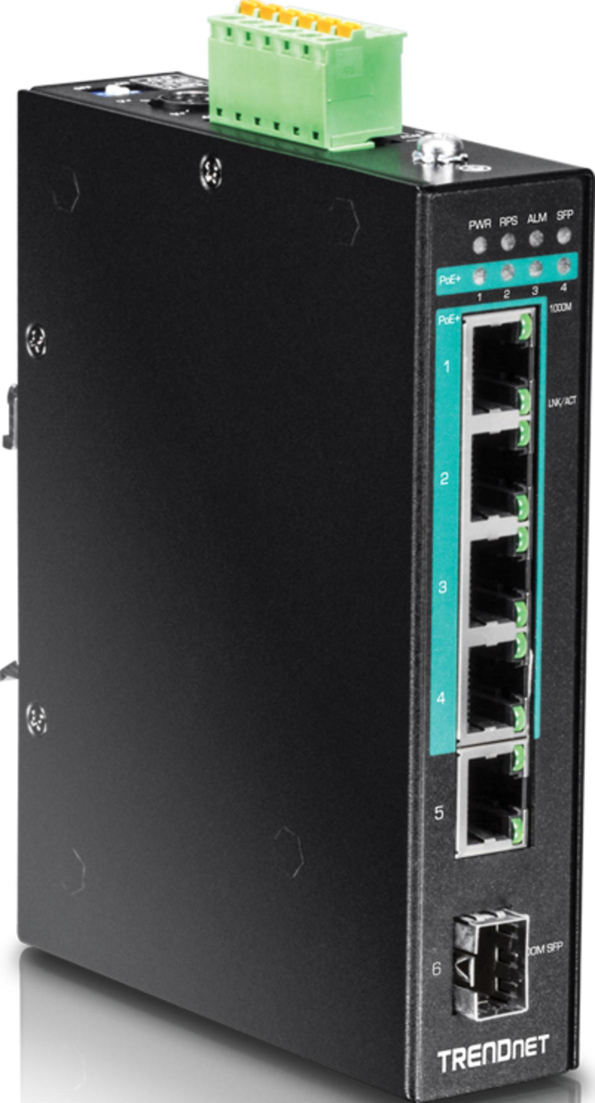 Schwarzer Netzwerk-Switch mit sechs Anschlüssen und grüner Klemme.