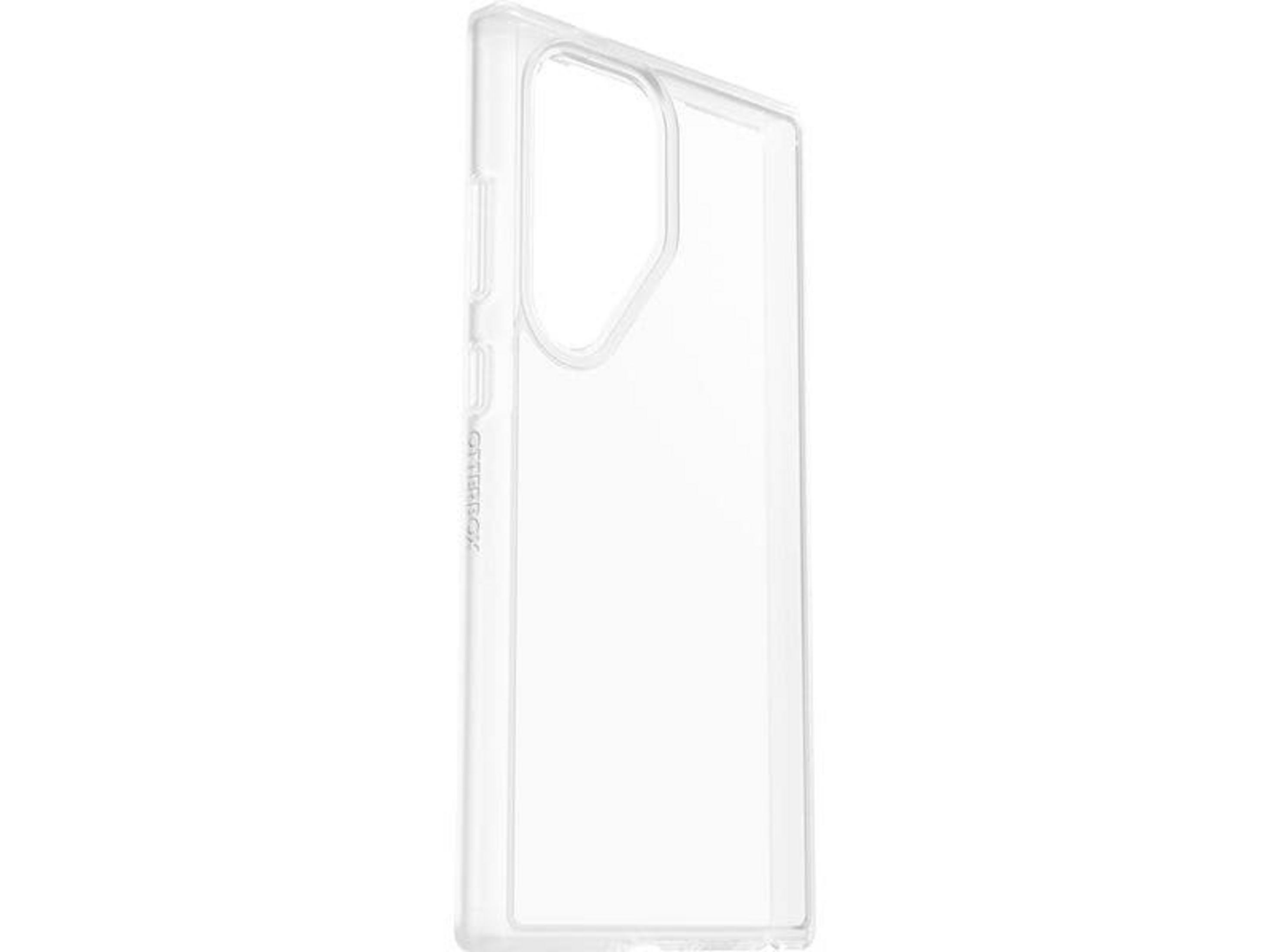 Een doorzichtige telefoonhoes met Otterbox logo op de zijkant.