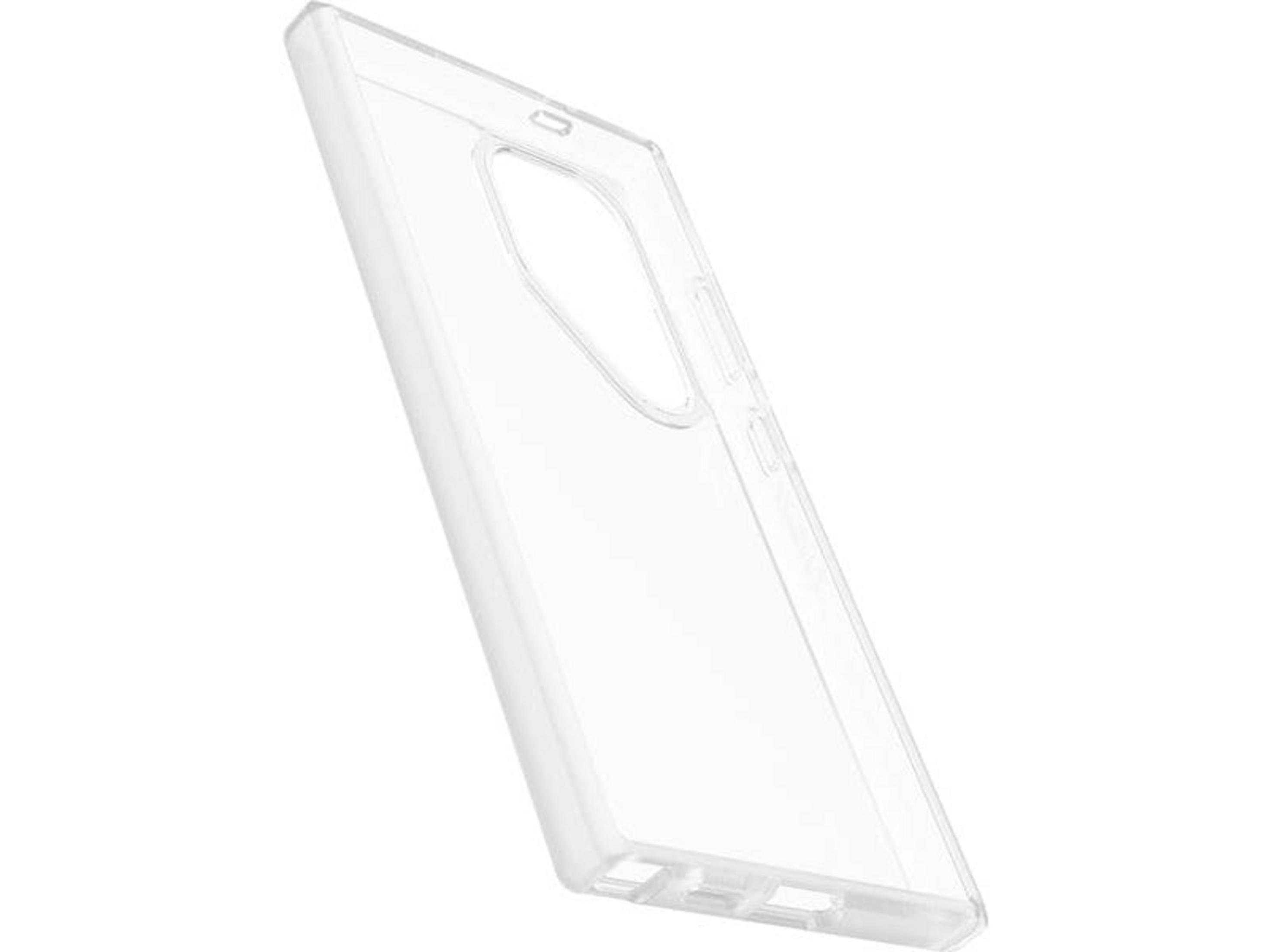 Een doorzichtige telefoonhoes met uitsparingen voor knoppen en camera.