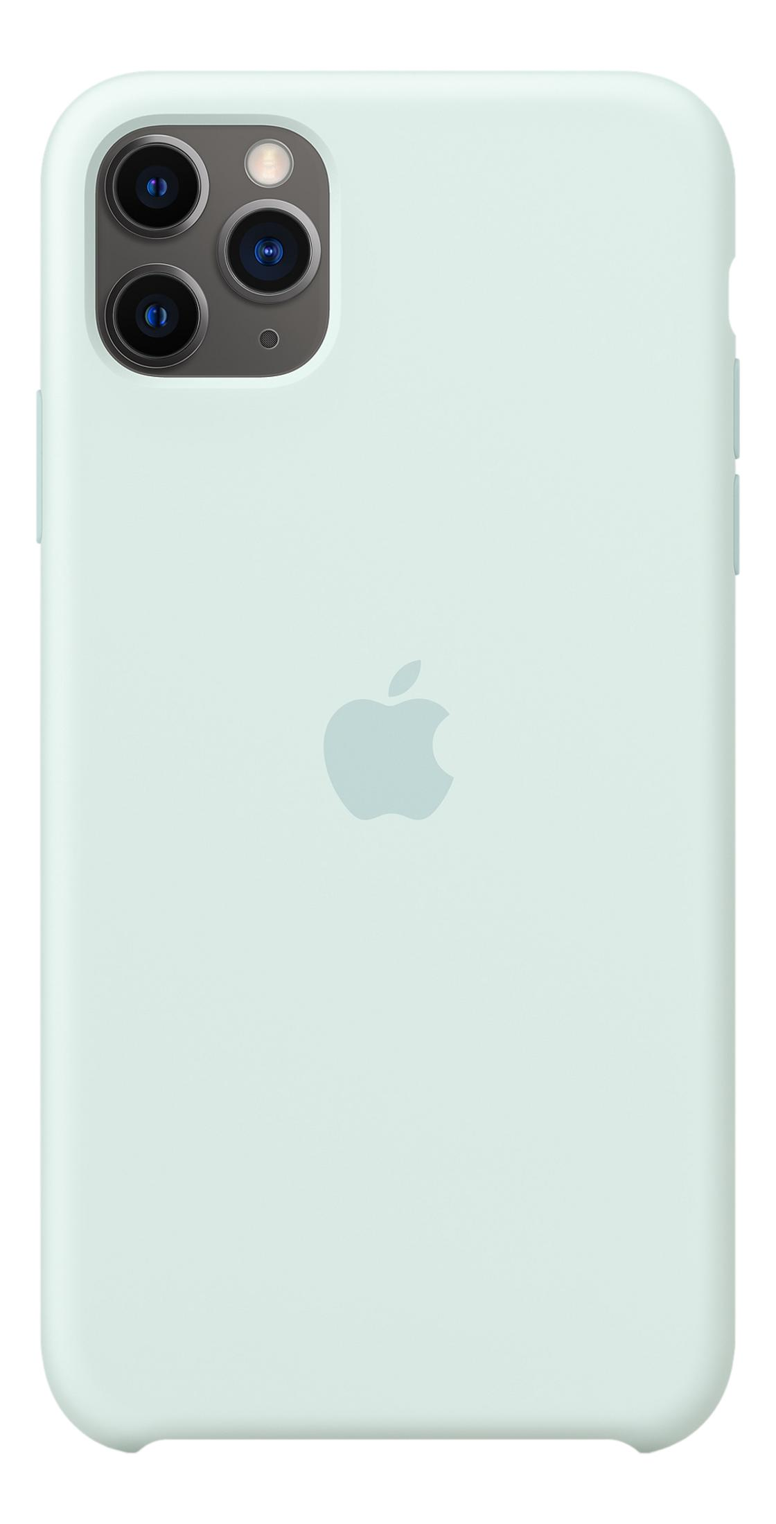 Lichtgroene iPhone-hoes met Apple-logo en drievoudige camera-uitsparing.
