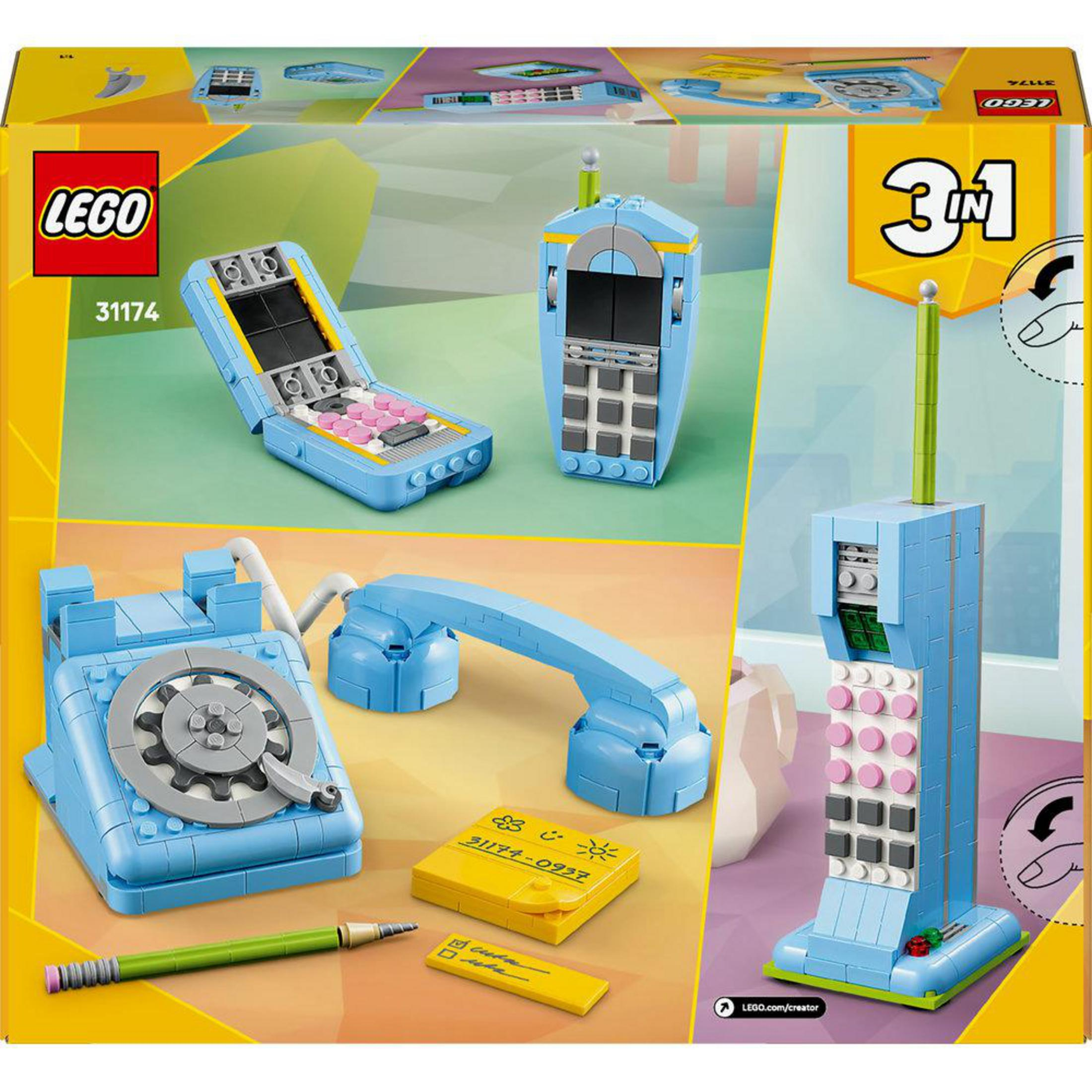 LEGO yapımları mavi telefonlar içerir: kapaklı telefon, kablolu telefon ve cep telefonu.