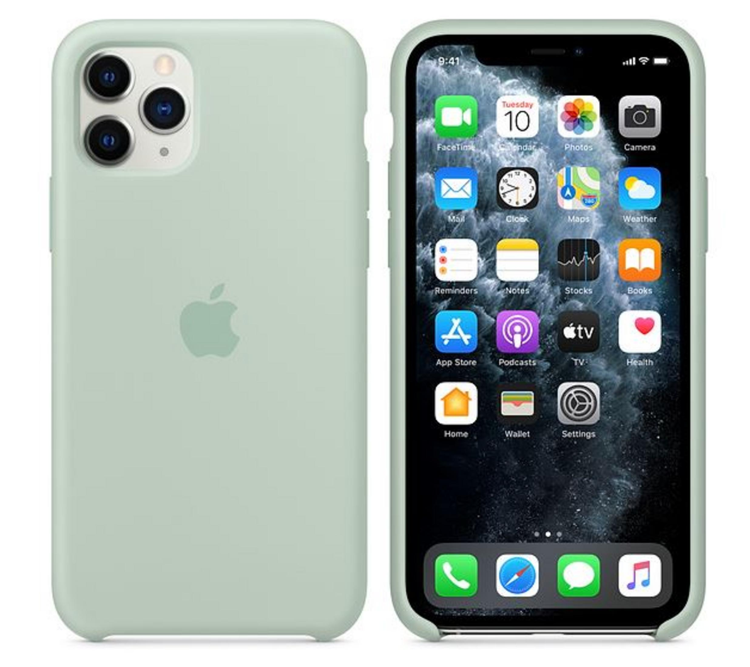 Un iPhone vert clair avec un logo Apple au dos et des applications affichées à l'écran.