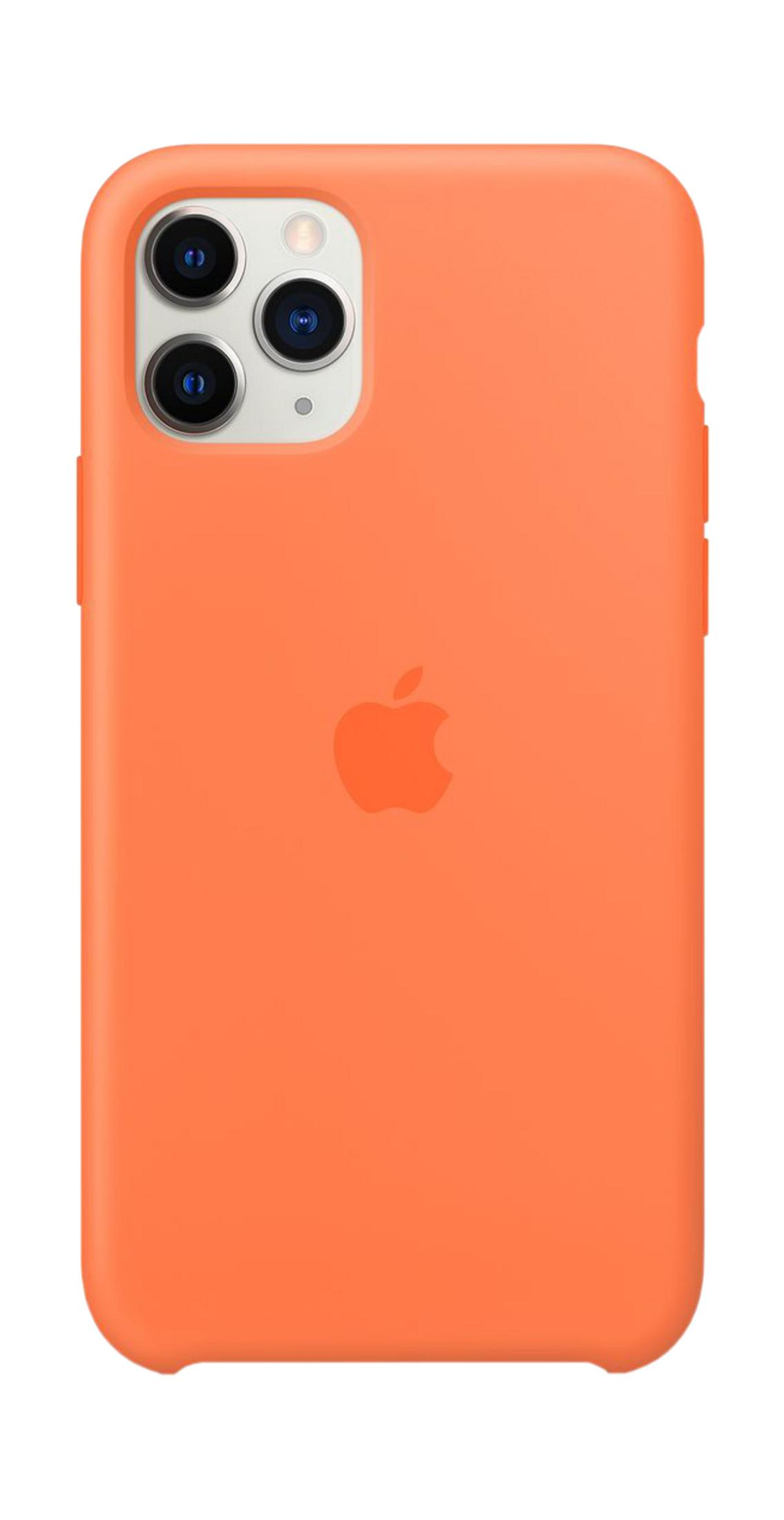 Coque de téléphone orange avec logo Apple et découpe triple caméra.