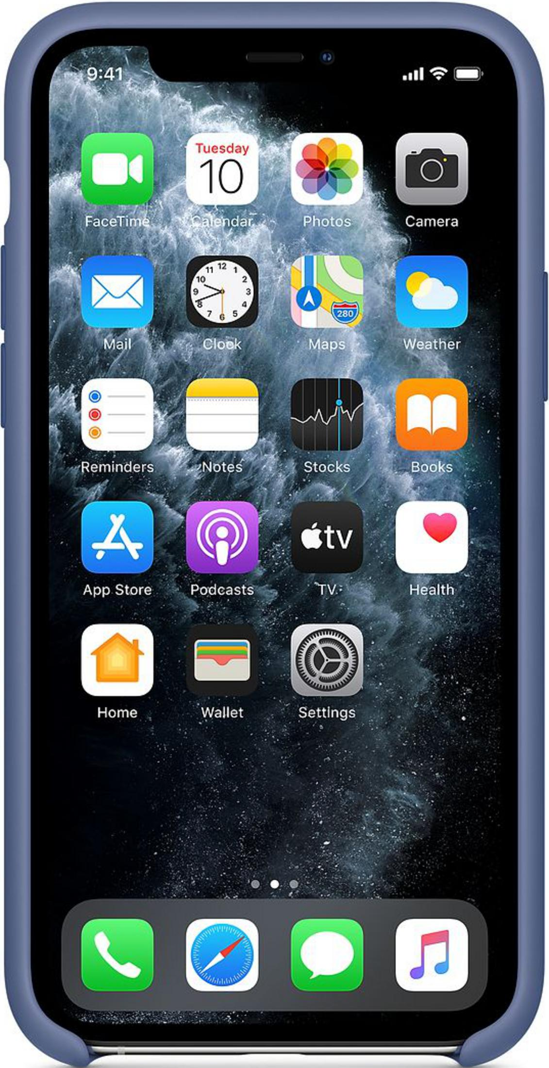 Ein iPhone mit einem blauen Gehäuse zeigt den Startbildschirm mit vielen App-Symbolen.