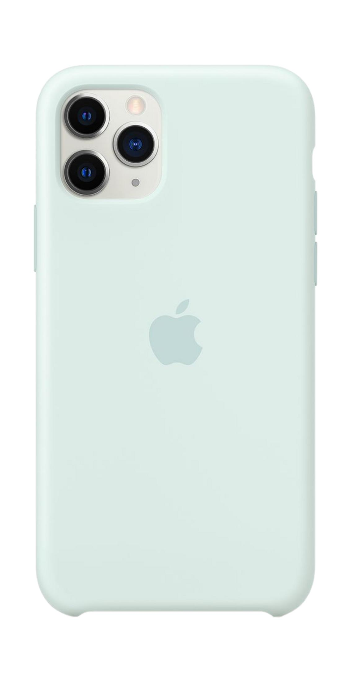 Coque de téléphone vert clair avec logo Apple et découpe triple appareil photo.
