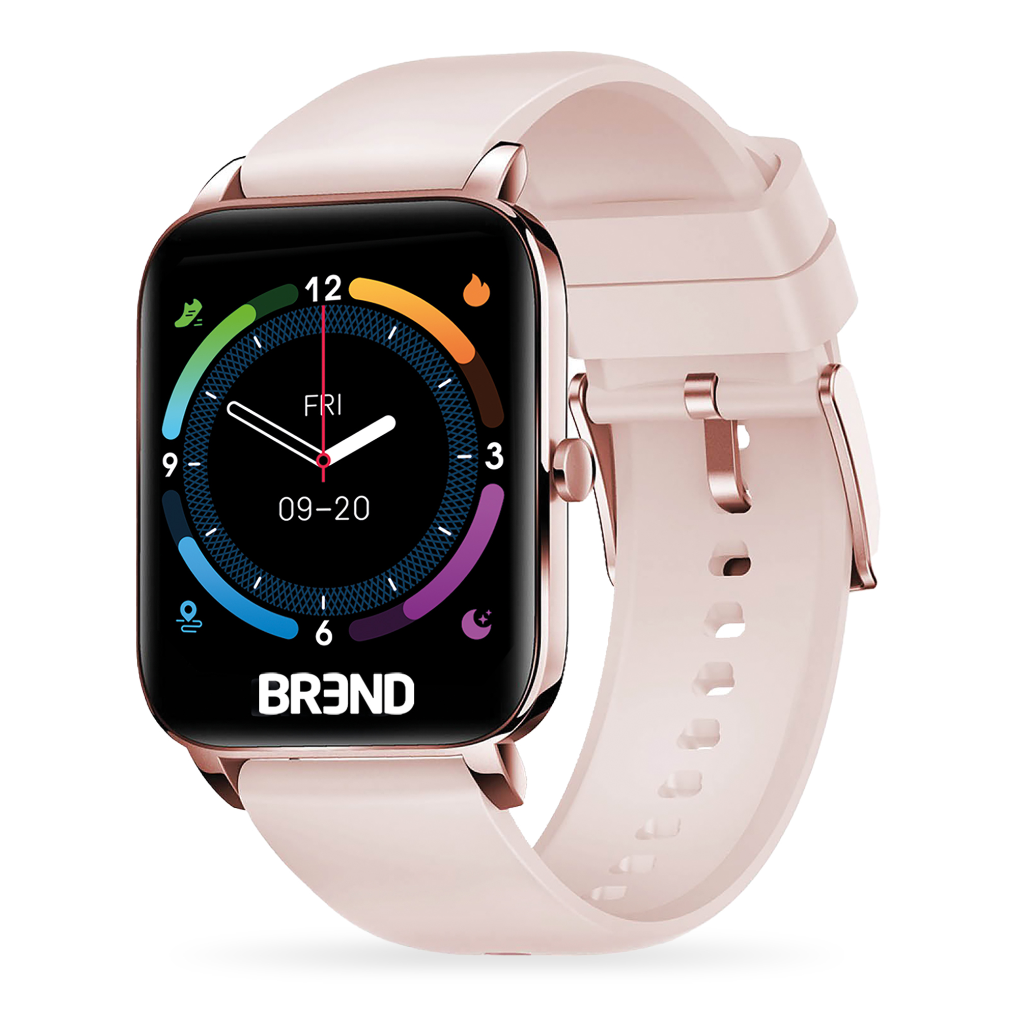 Een roze smartwatch met een rechthoekig scherm dat de tijd en activiteitsiconen toont.