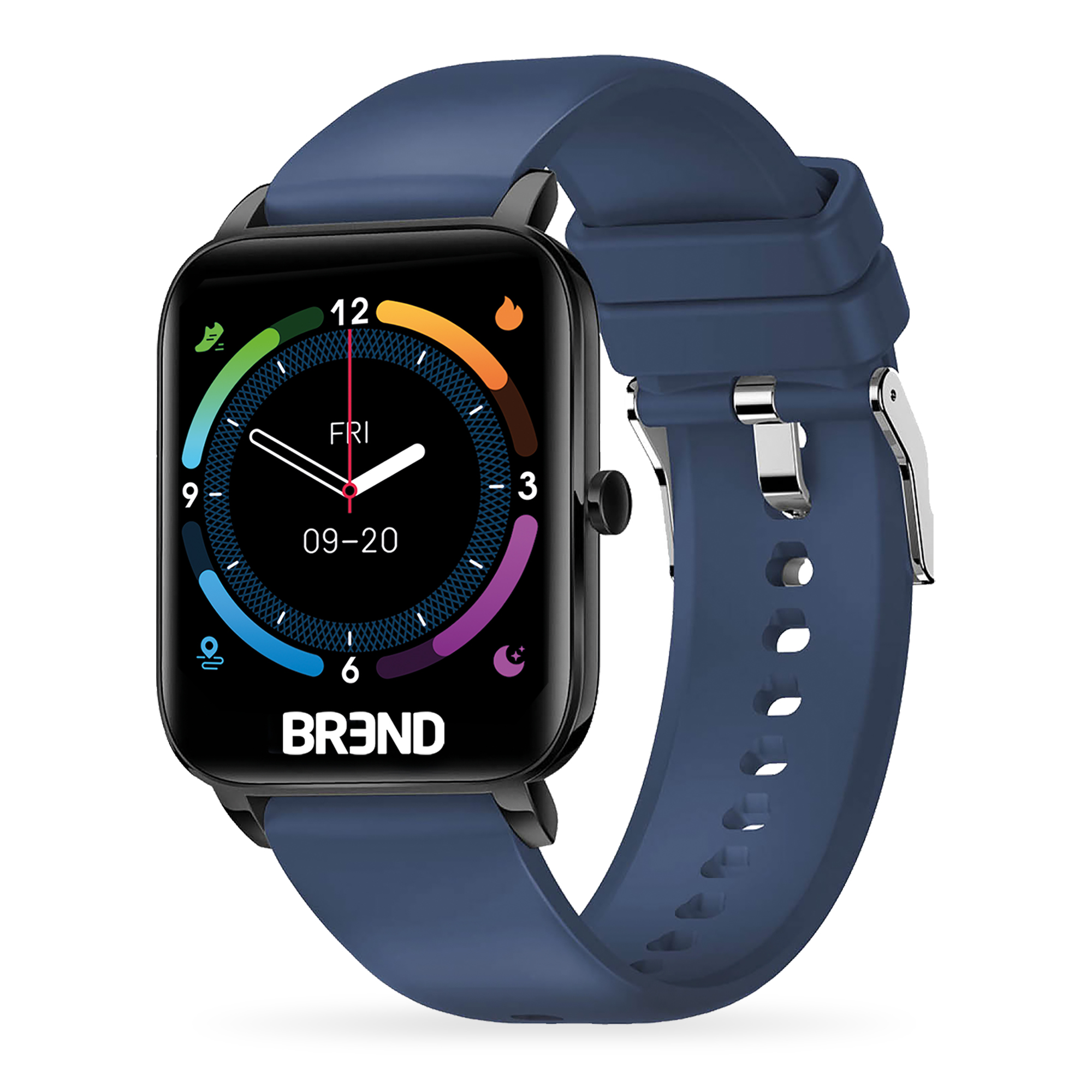 Een blauw smartwatch met zwarte behuizing en kleurendigital display.