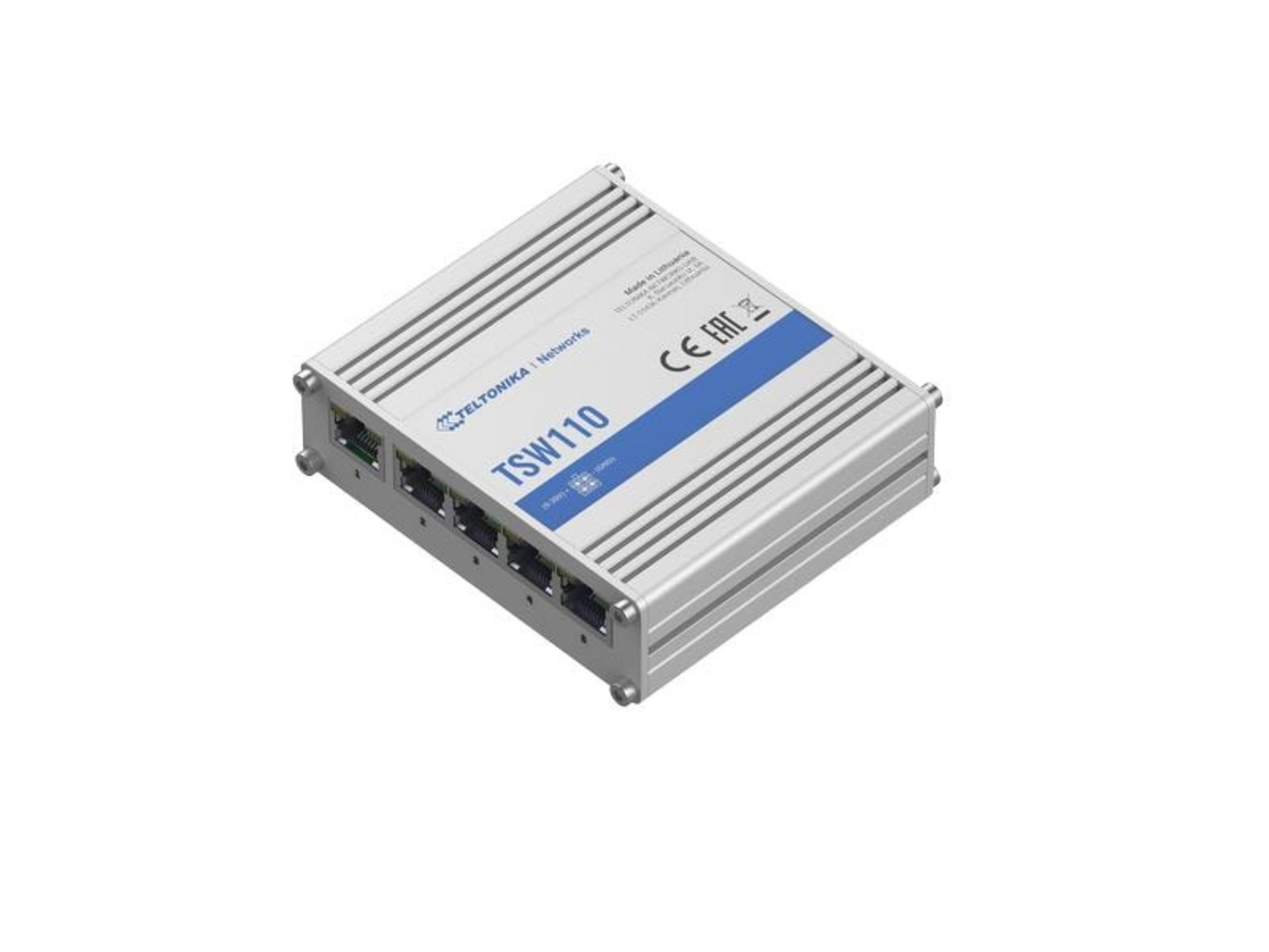 Srebrny przełącznik sieciowy z portami Ethernet i poziomymi żeberkami.