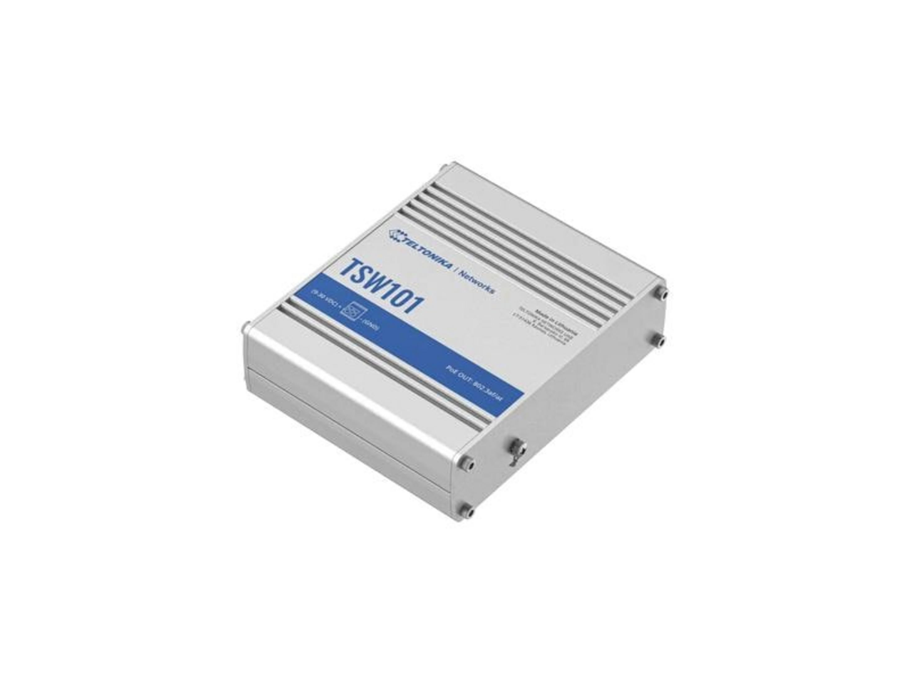 Srebrny przełącznik sieciowy Teltonika TSW101 z otworami wentylacyjnymi i portami.