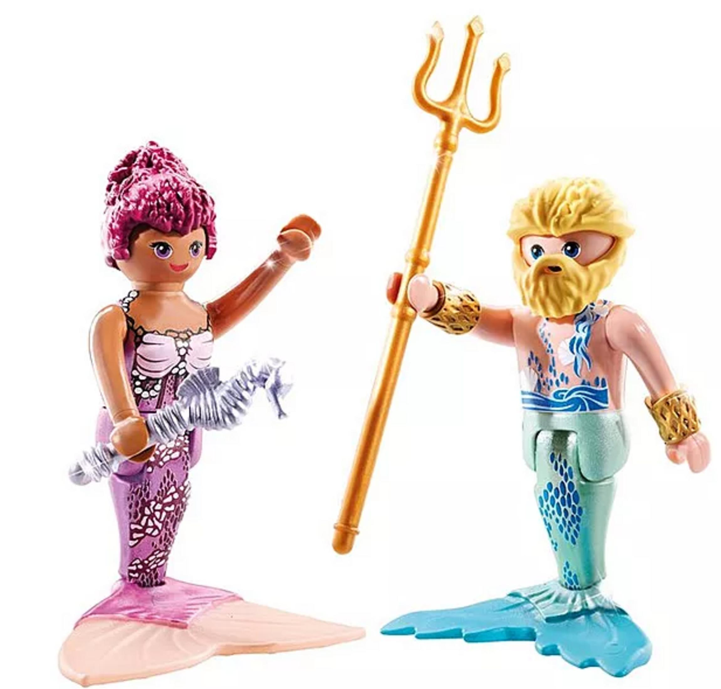 Dwie figurki Playmobil: syrena z różowymi włosami i konikiem morskim, tryton z trójzębem.