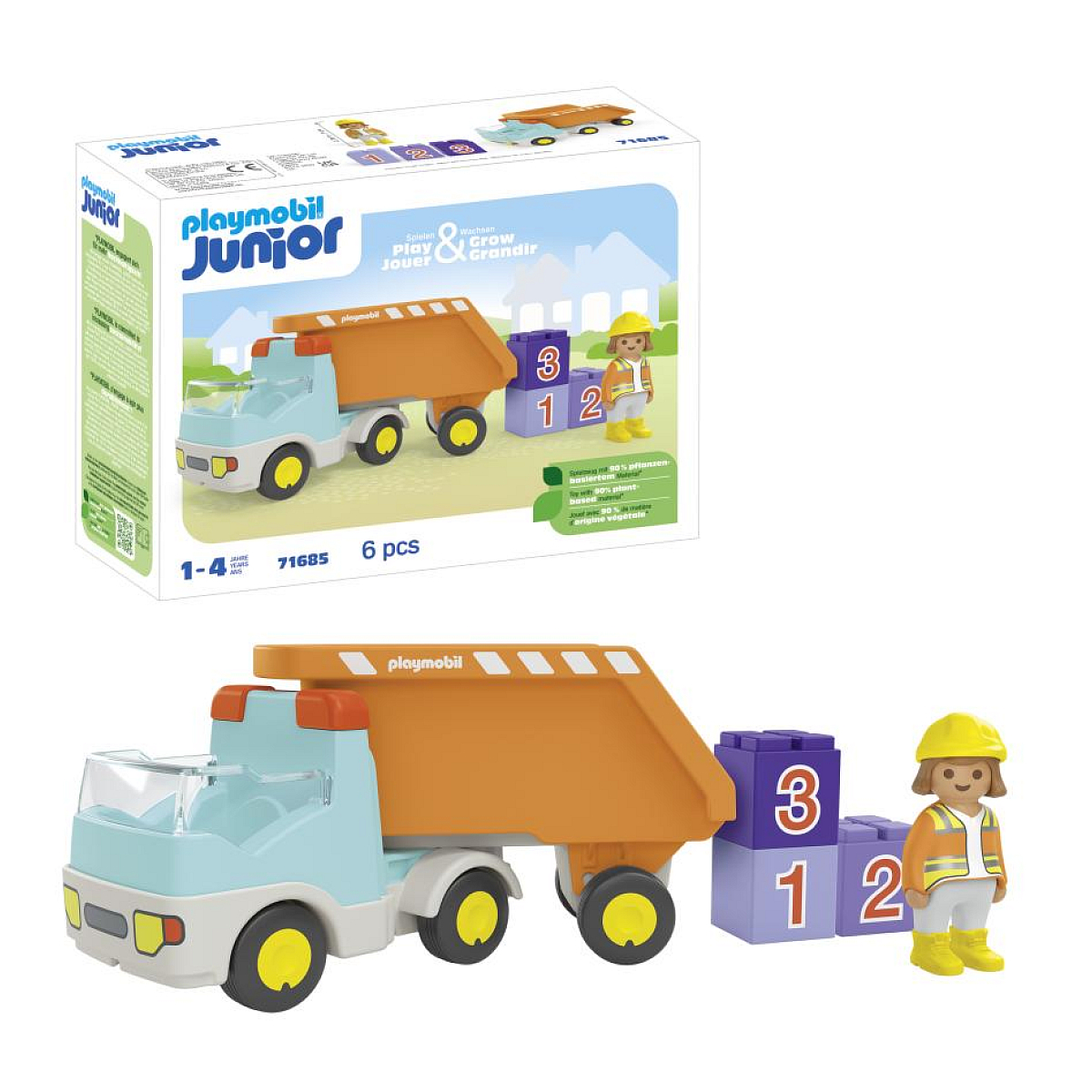 Un camion della spazzatura Playmobil con figura e blocchi.