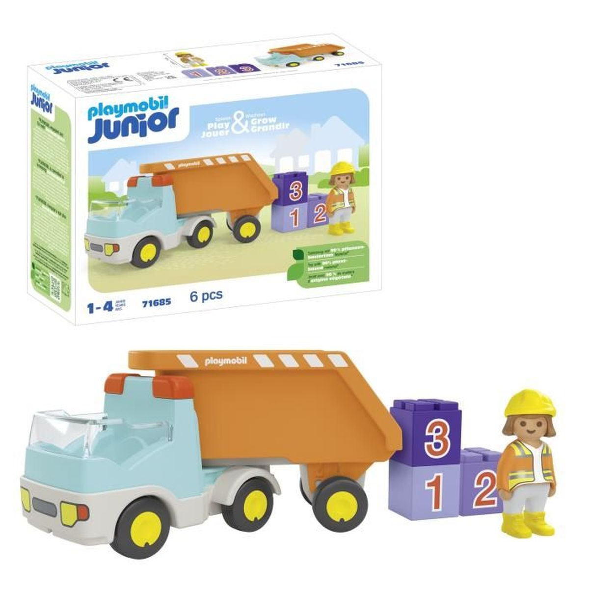 Un camion della spazzatura azzurro con un contenitore arancione e un operaio.