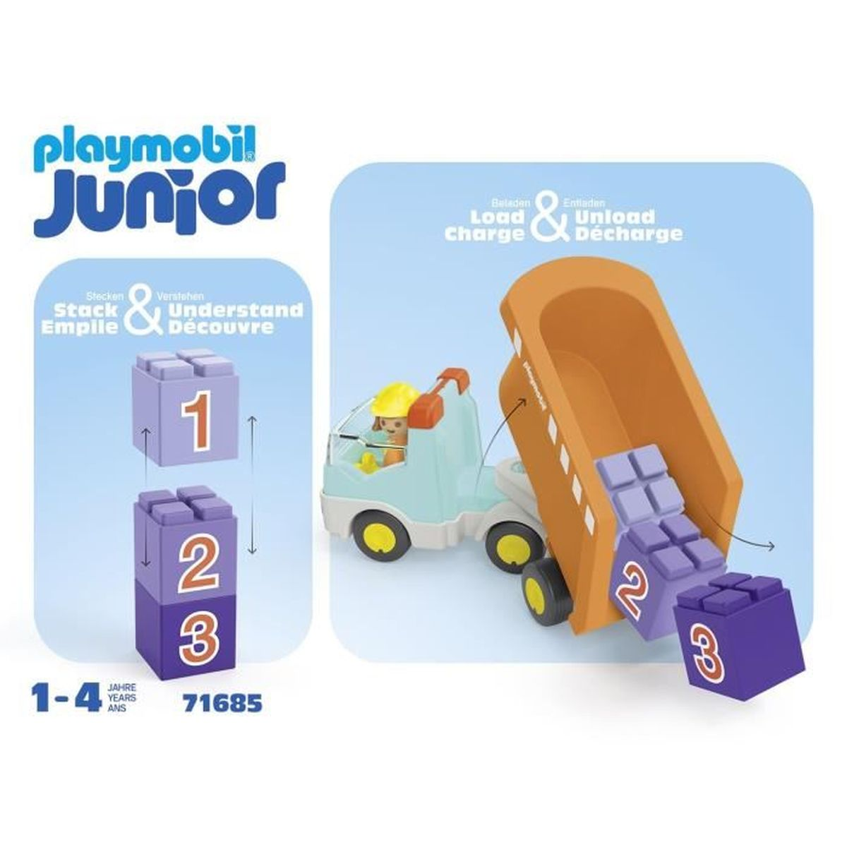 Un camion Playmobil Junior con blocchi da costruzione da caricare e scaricare.