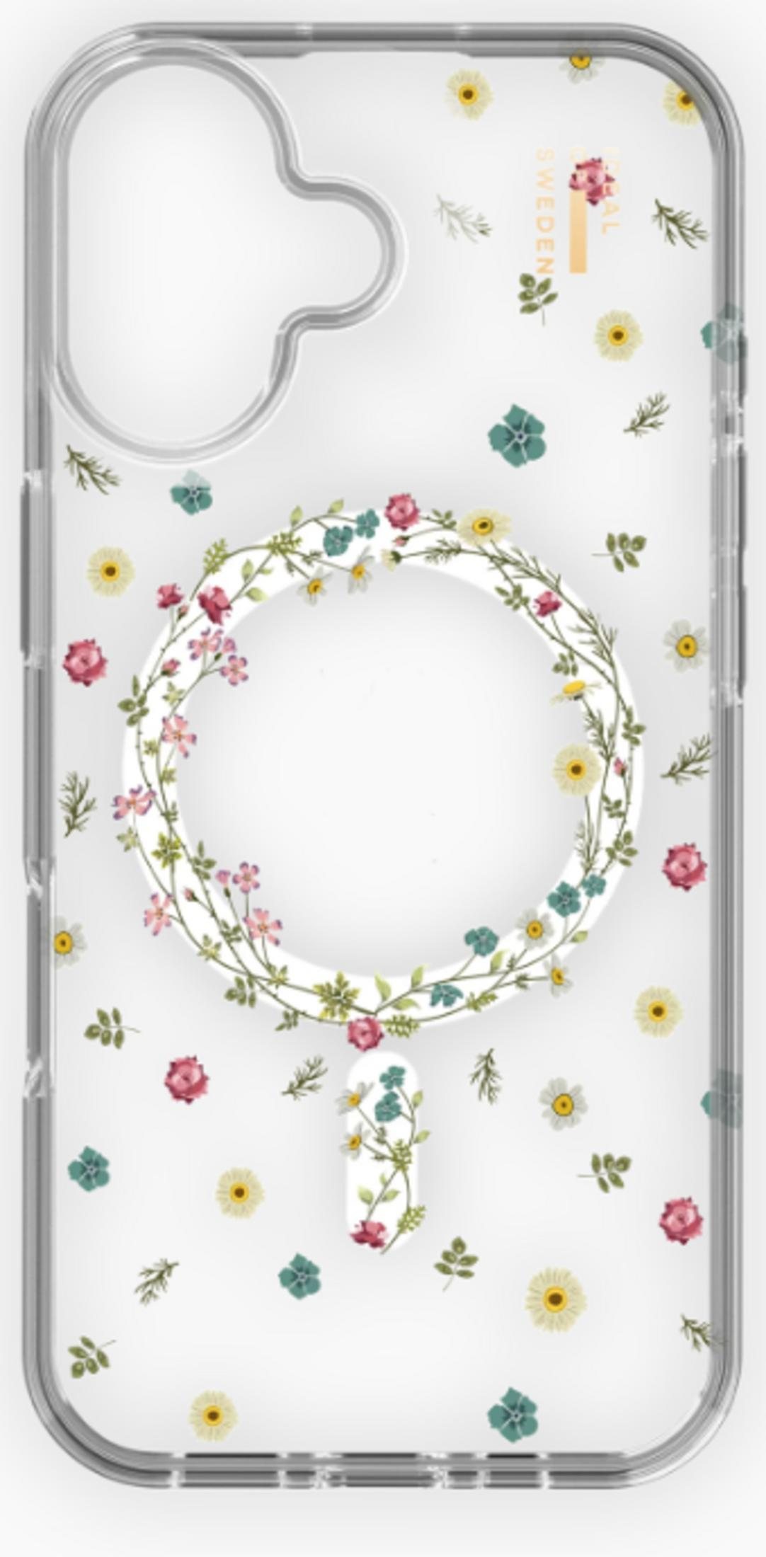 Transparente Handyhülle mit blauen, rosa und gelben Blumen.