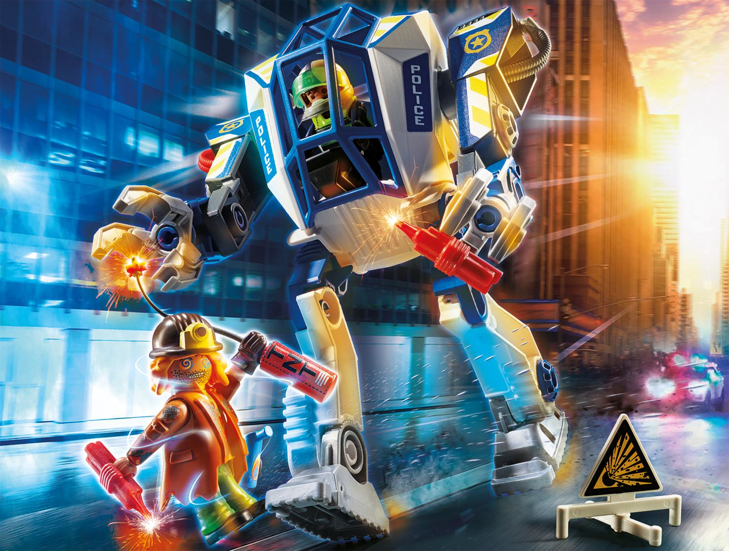 Policyjny mech z pilotem walczy z złoczyńcą z TNT w mieście.