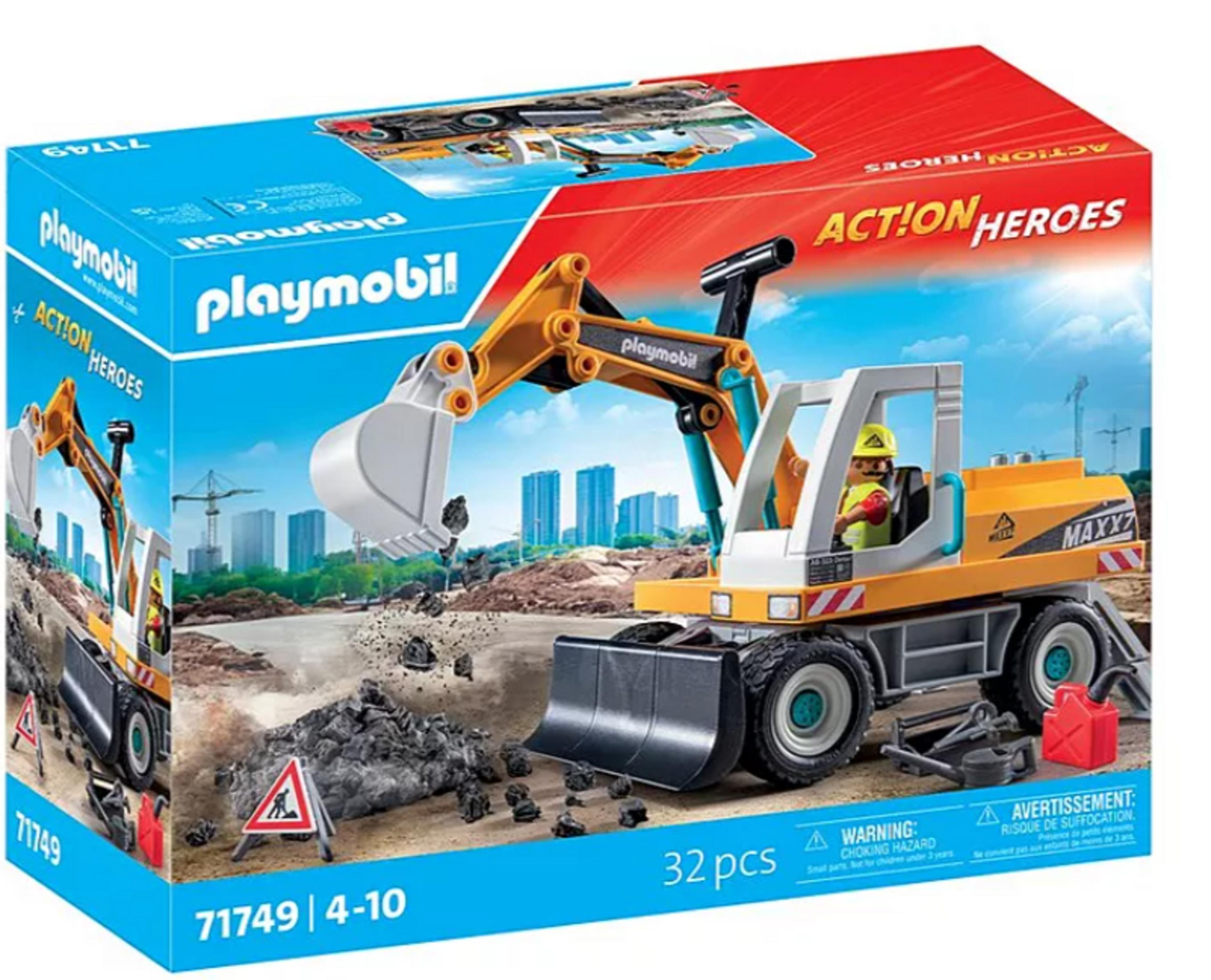 Caja de juguete excavadora Playmobil con excavadora y constructor, escena de obra.