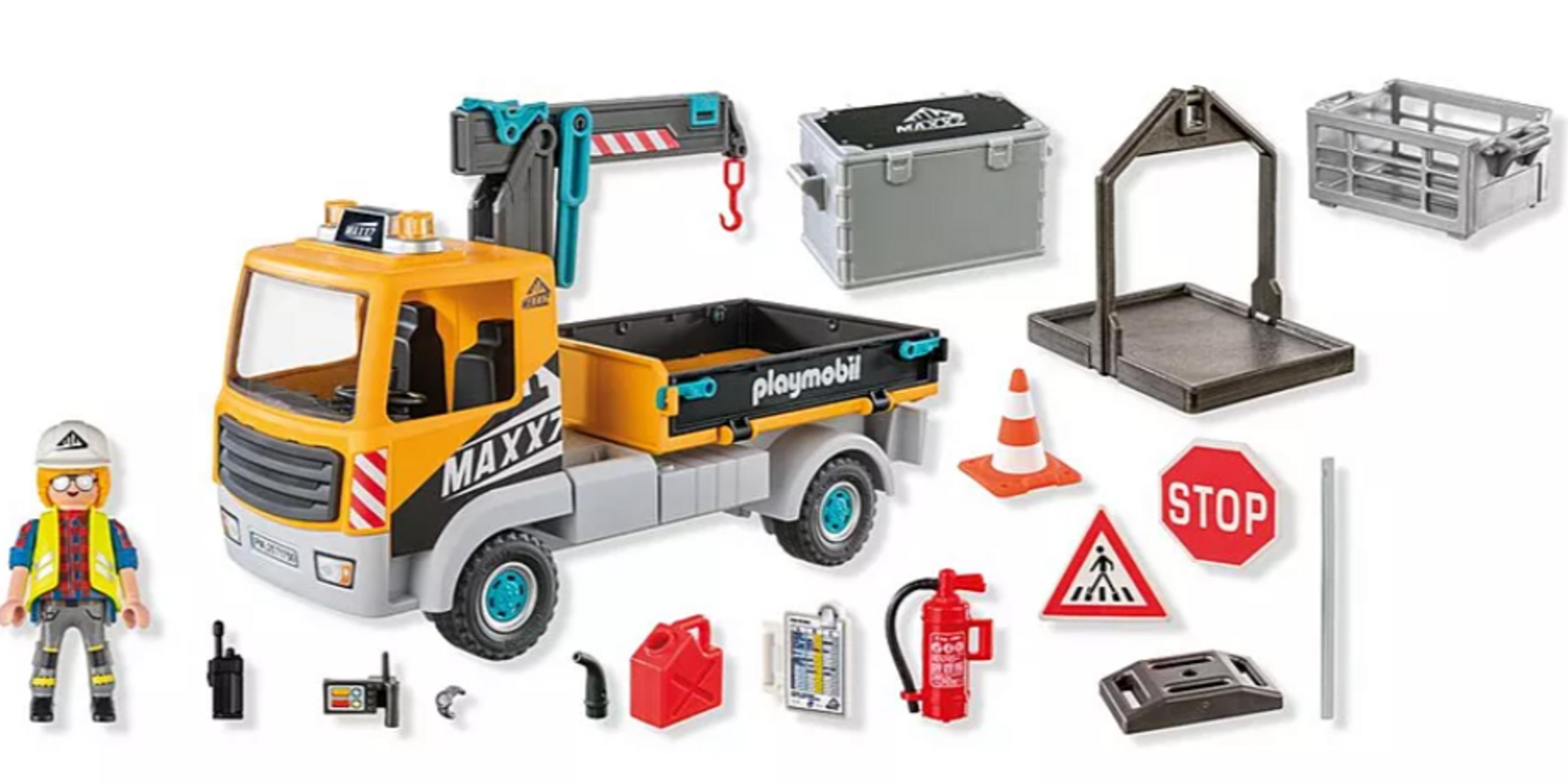 Camion Playmobil giallo con gru, operaio e segnali stradali.