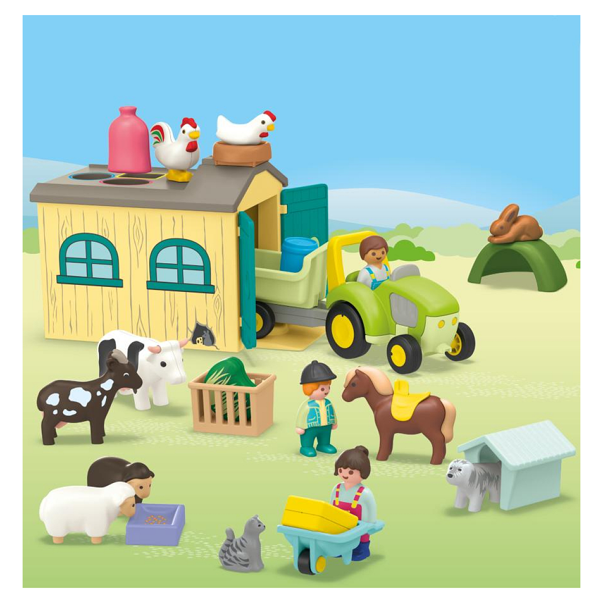 Scena di fattoria con trattore, fienile, animali e figure giocattolo.