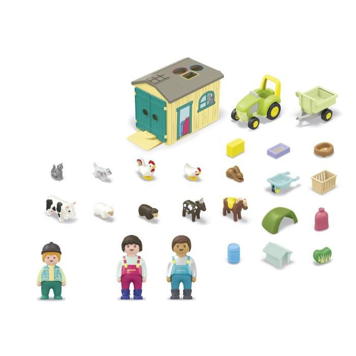 Set di giocattoli da fattoria: casa, trattore, rimorchio, animali, figure e accessori.