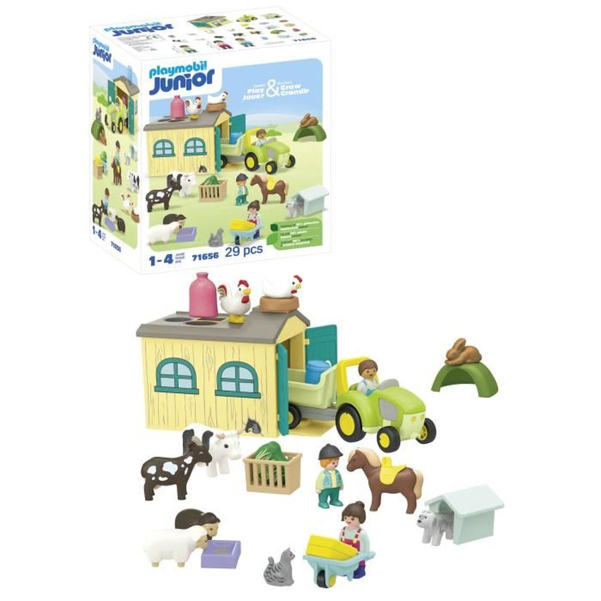 Set fattoria Playmobil con trattore, fienile, animali e figure.