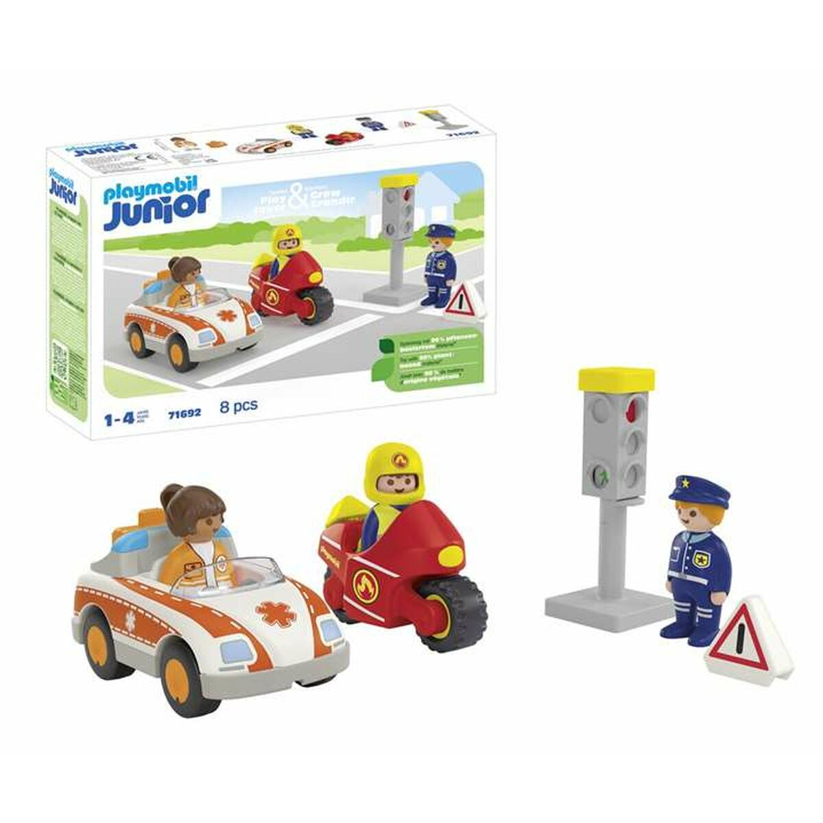Set Playmobil Junior con autoambulanza, moto, poliziotto e semaforo.