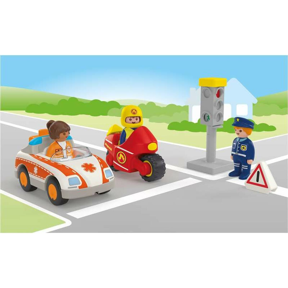 Auto giocattolo ambulanza, moto, poliziotto, semaforo su strada.