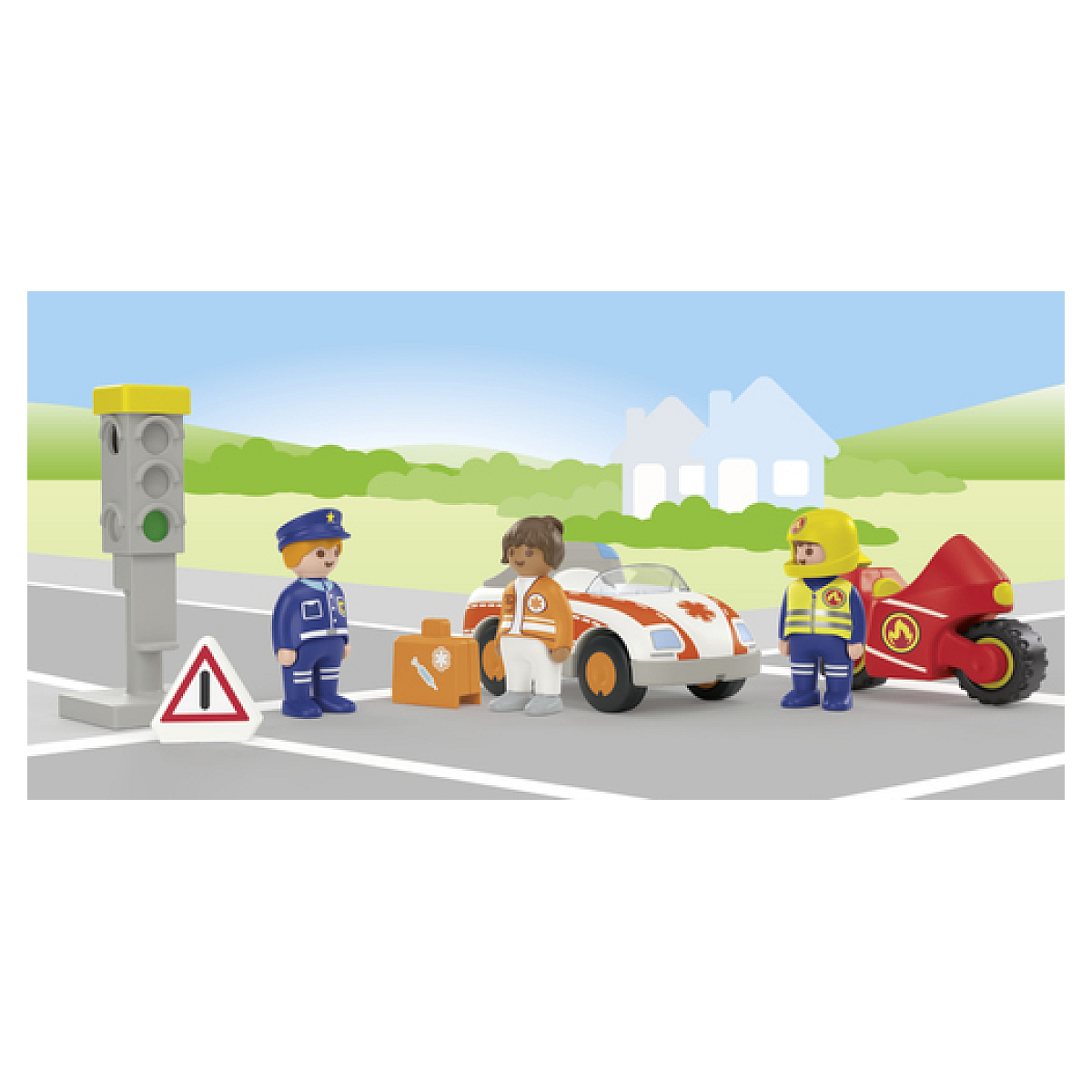 Poliziotto, ambulanza, moto e kit di pronto soccorso vicino a case.