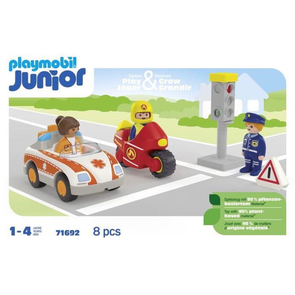 Set Playmobil Junior con ambulanza, moto, poliziotto e semaforo.