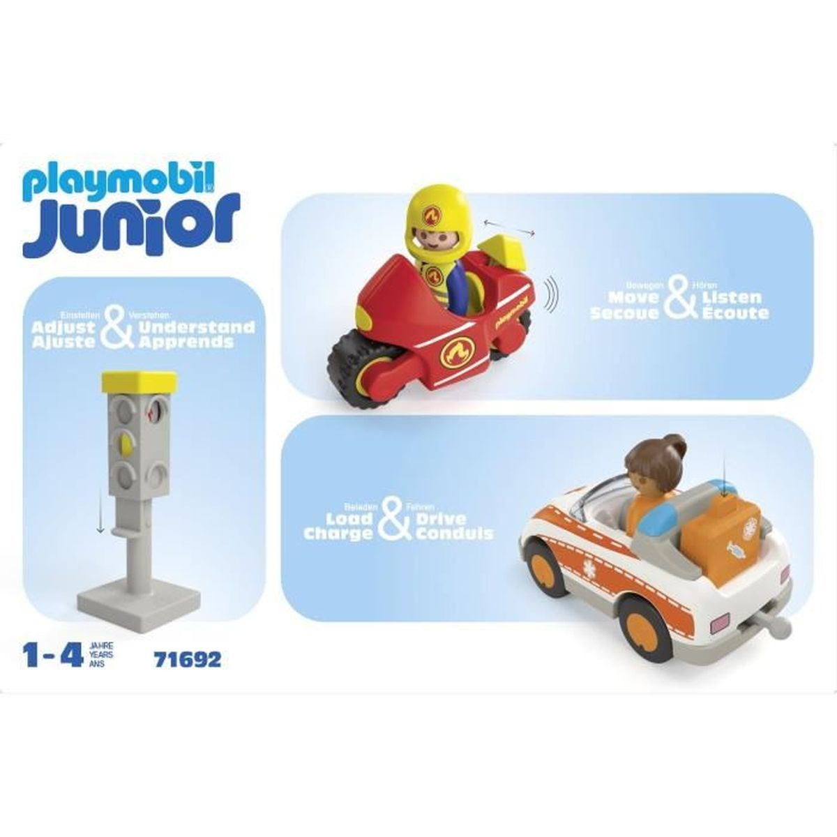 Playmobil Junior: Un bambino su una moto rossa e una donna in un'auto bianca.